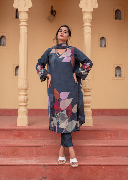Juniper Navy Man Made Fiber Floral Printed Kurta With Pants & Dupatta Set With Sequence Work