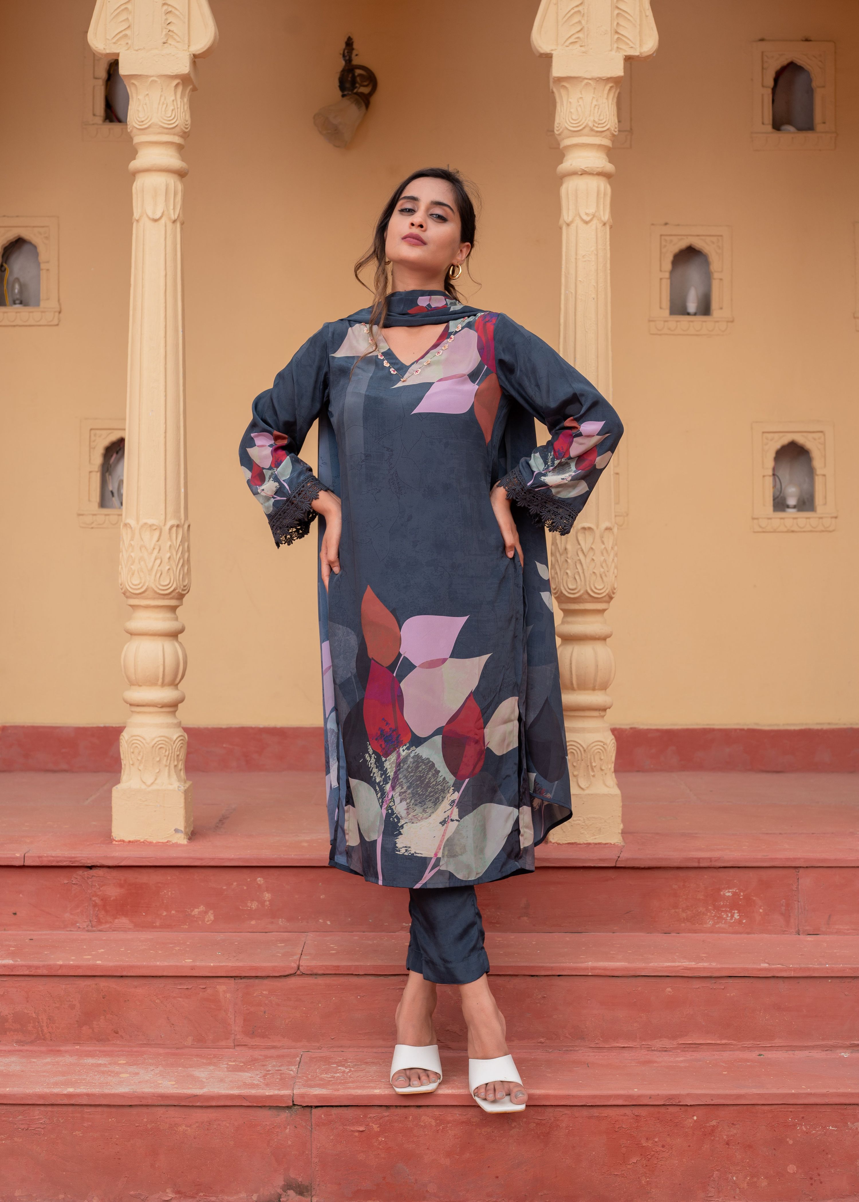 Juniper Navy Man Made Fiber Floral Printed Kurta With Pants & Dupatta Set With Sequence Work