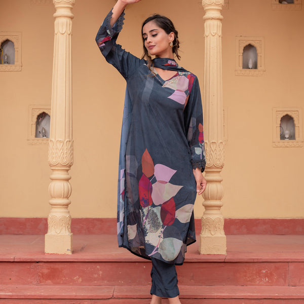 Juniper Navy Man Made Fiber Floral Printed Kurta With Pants & Dupatta Set With Sequence Work