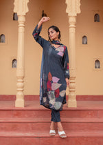 Thumbnail for Juniper Navy Man Made Fiber Floral Printed Kurta With Pants & Dupatta Set With Sequence Work