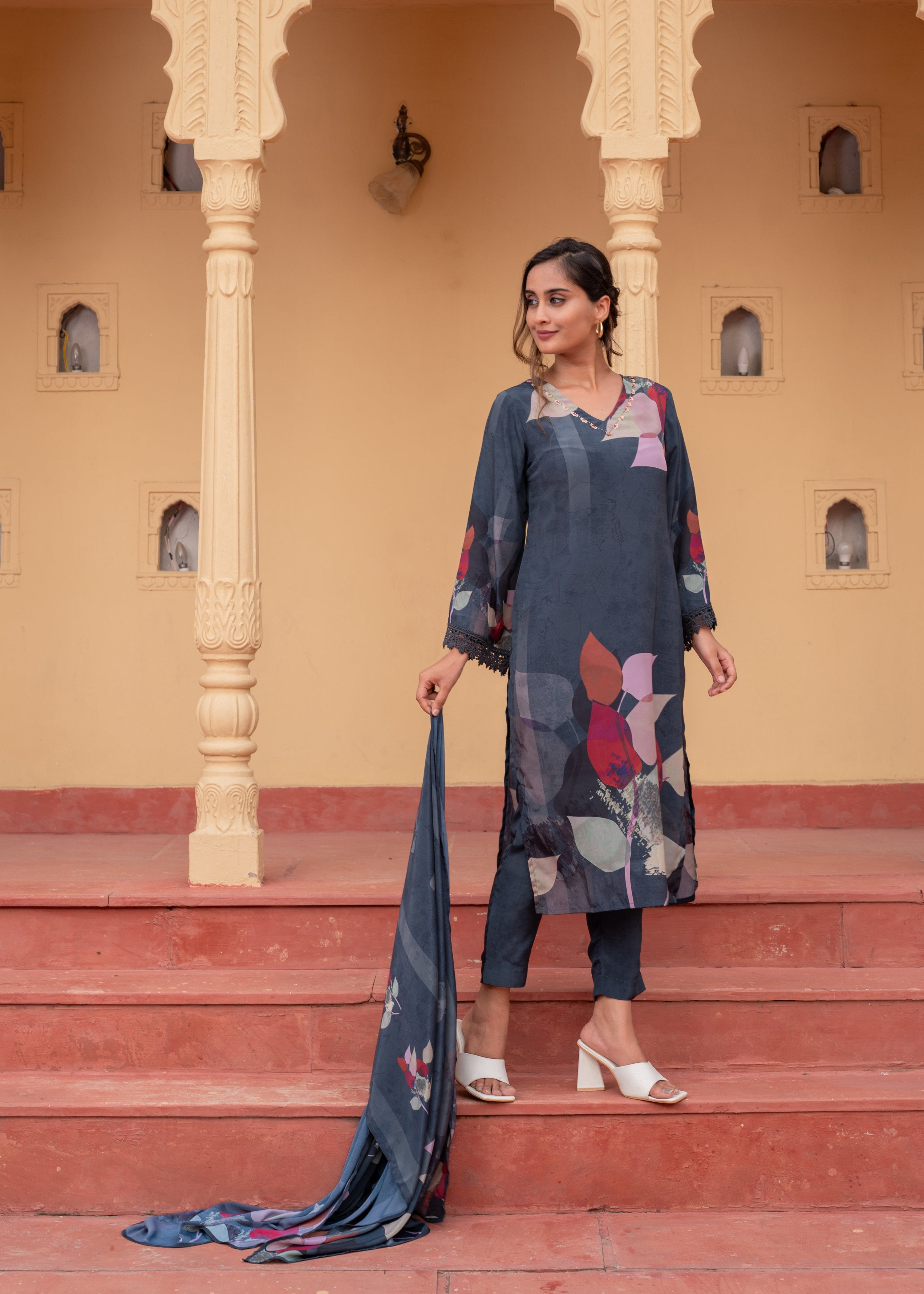 Juniper Navy Man Made Fiber Floral Printed Kurta With Pants & Dupatta Set With Sequence Work