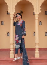 Thumbnail for Juniper Navy Man Made Fiber Floral Printed Kurta With Pants & Dupatta Set With Sequence Work