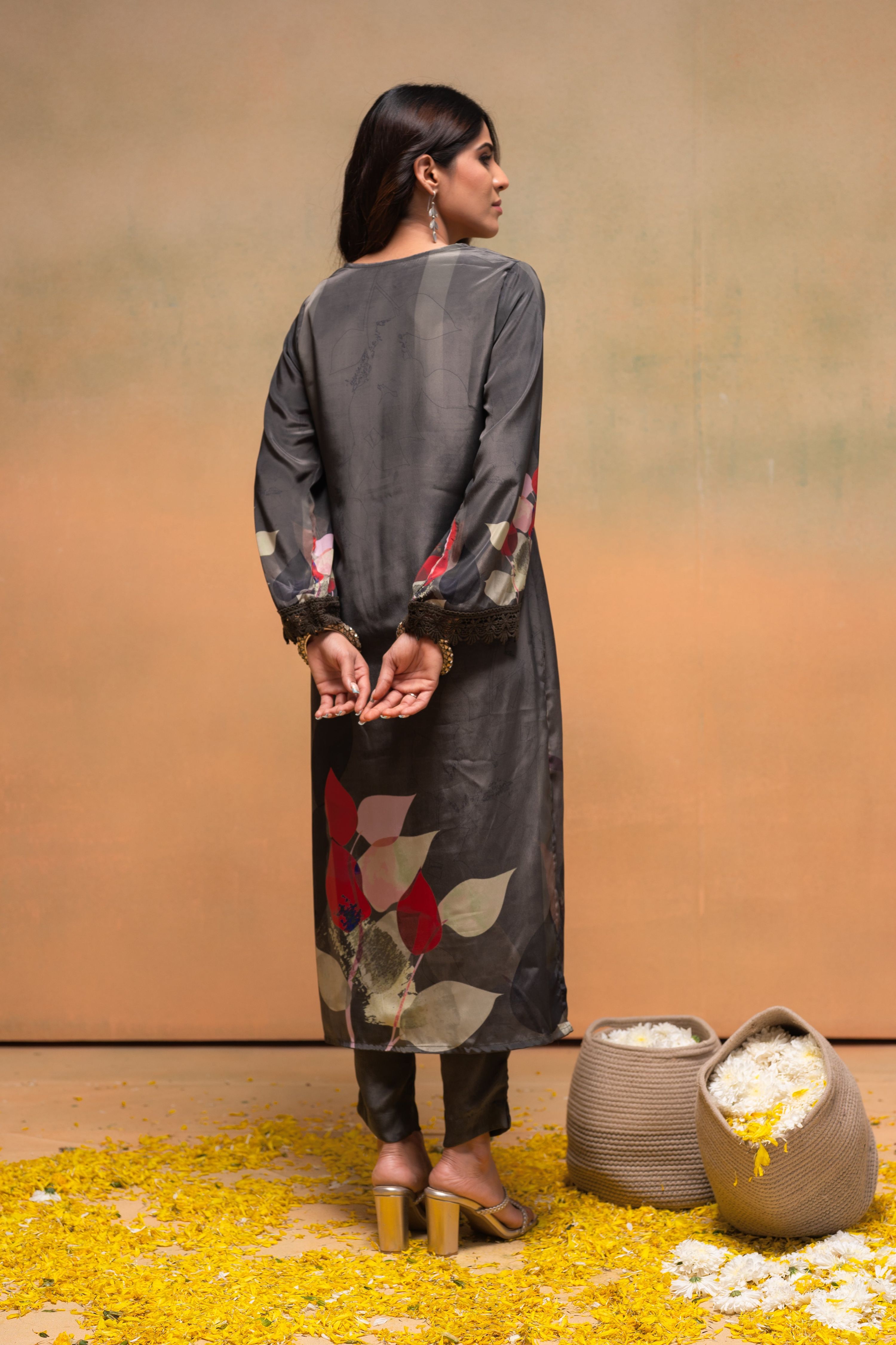 Juniper Olive Man Made Fiber Floral Printed Kurta With Pants & Dupatta Set With Sequence Work