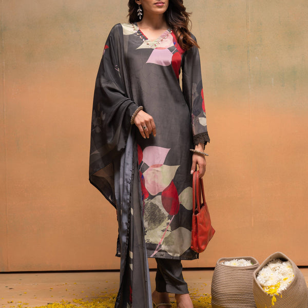 Juniper Olive Man Made Fiber Floral Printed Kurta With Pants & Dupatta Set With Sequence Work