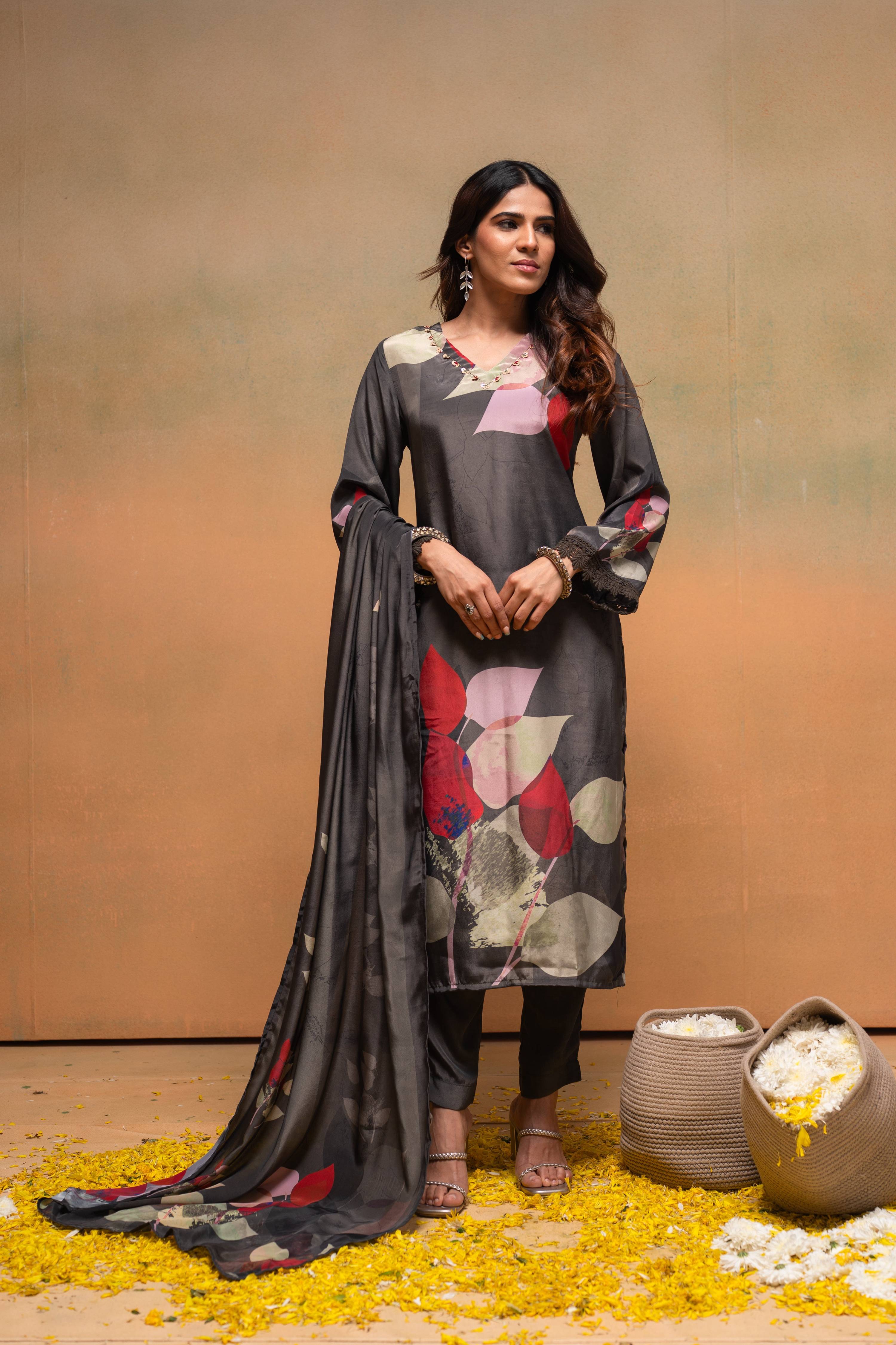 Juniper Olive Man Made Fiber Floral Printed Kurta With Pants & Dupatta Set With Sequence Work