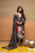 Thumbnail for Juniper Olive Man Made Fiber Floral Printed Kurta With Pants & Dupatta Set With Sequence Work