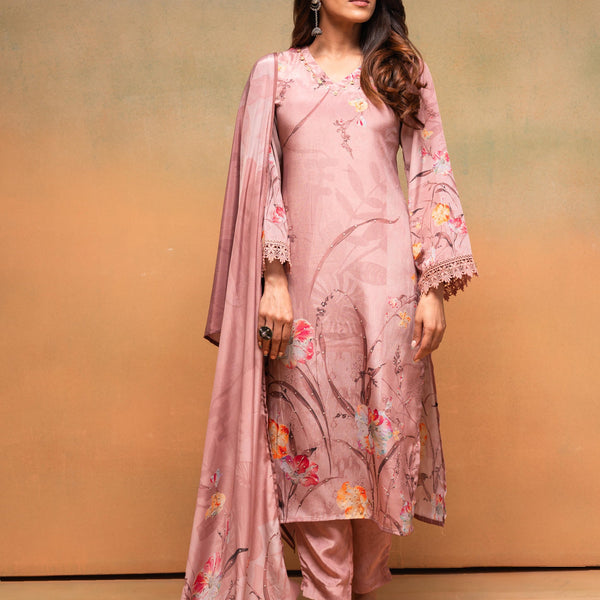 Juniper Peach Floral Embellished Straight Kurta Pant And Dupatta Set With Beads & Sequence Work