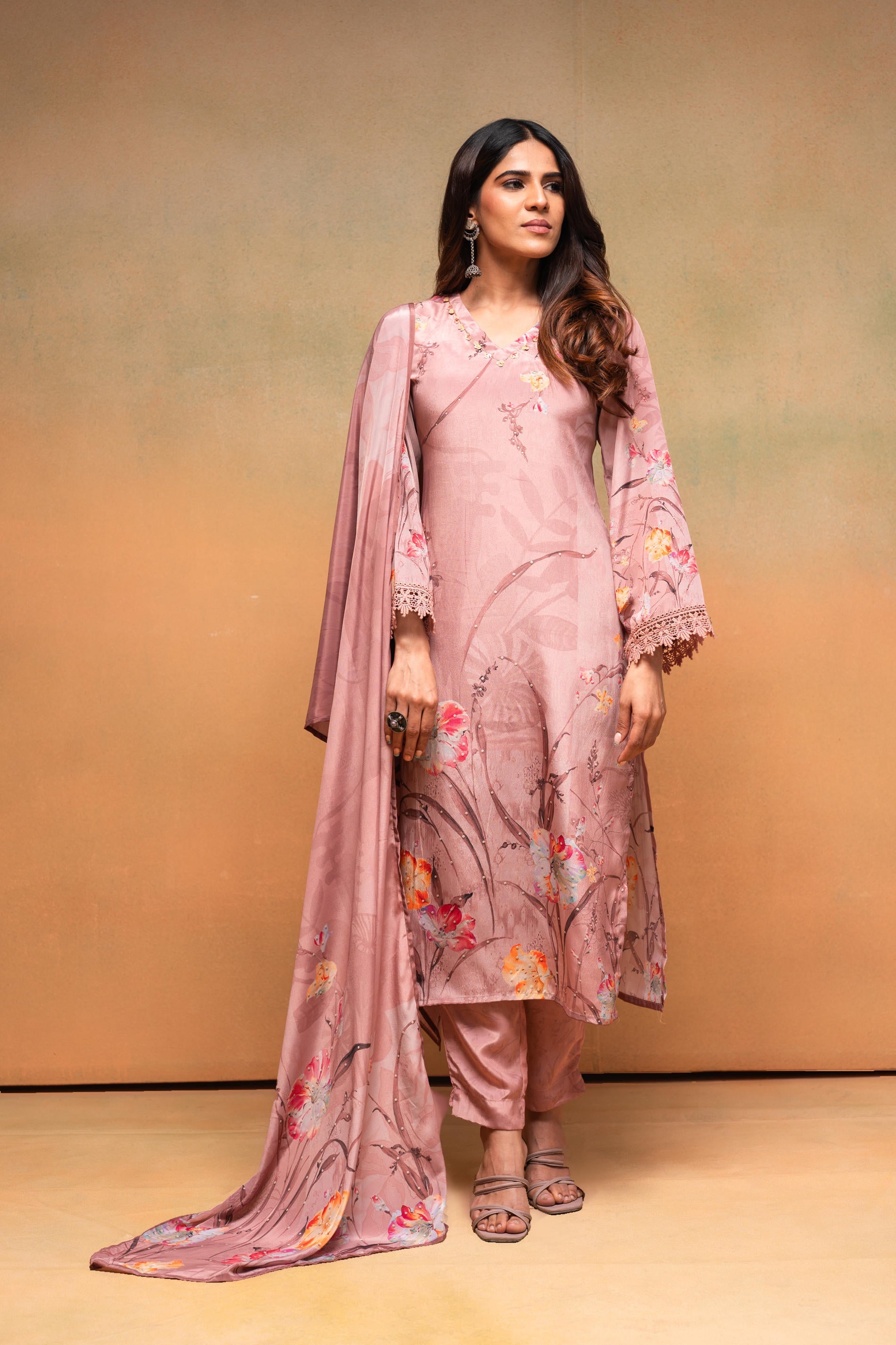 Juniper Peach Floral Embellished Straight Kurta Pant And Dupatta Set With Beads & Sequence Work - Distacart