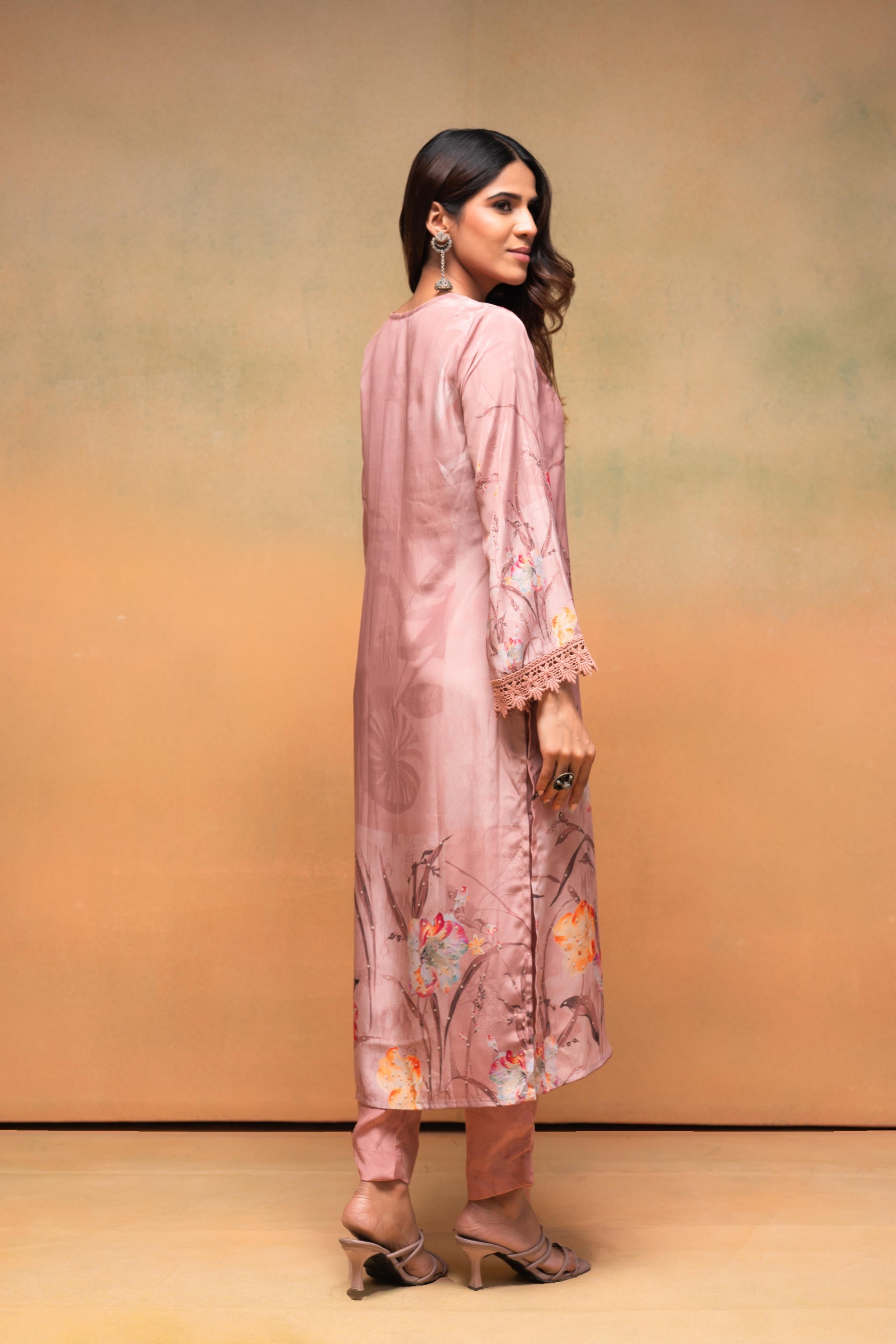 Juniper Peach Floral Embellished Straight Kurta Pant And Dupatta Set With Beads & Sequence Work