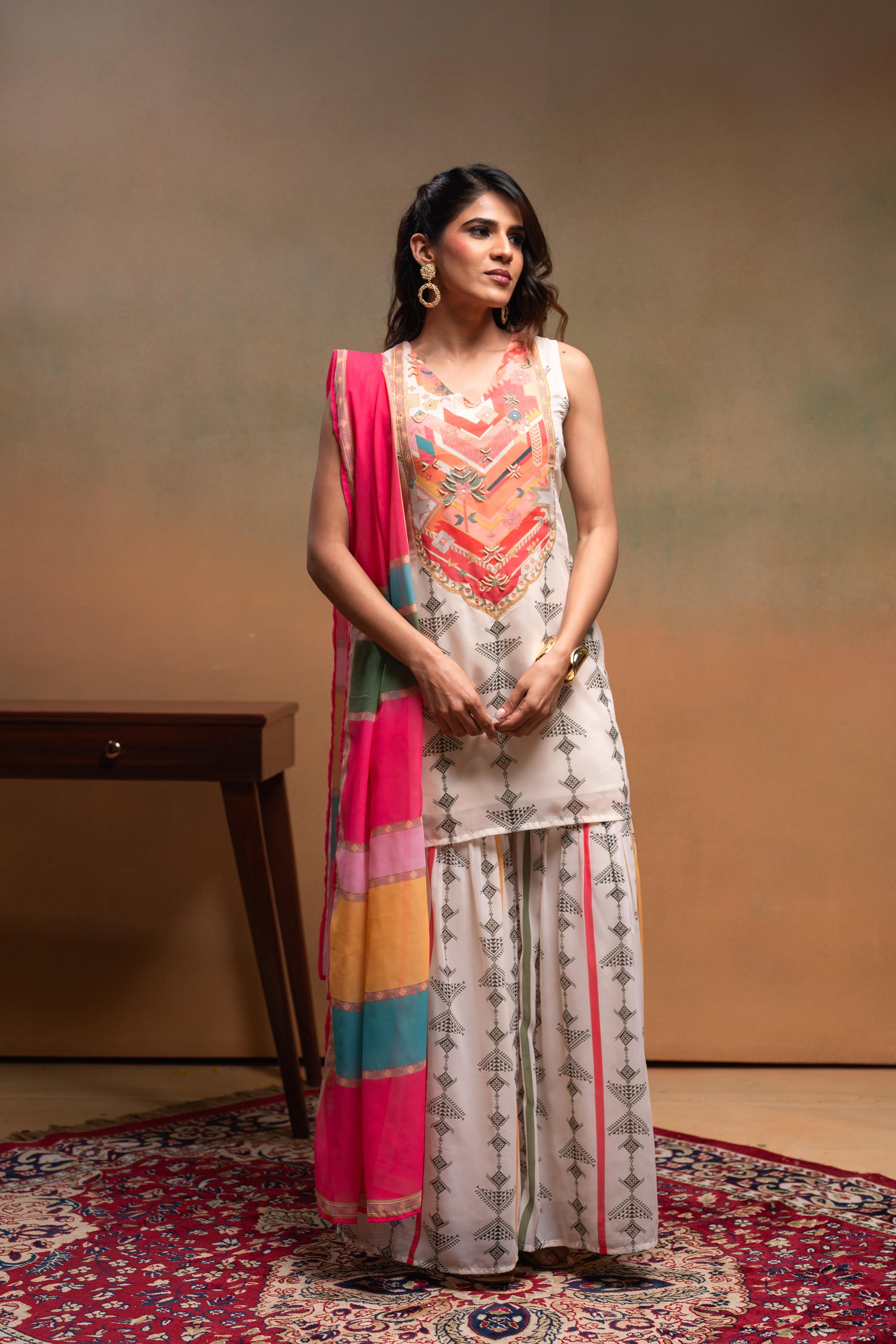 Juniper Ivory Man Made Fiber Floral Embellished Kurta With Sharara & Dupatta Set With Beads Work