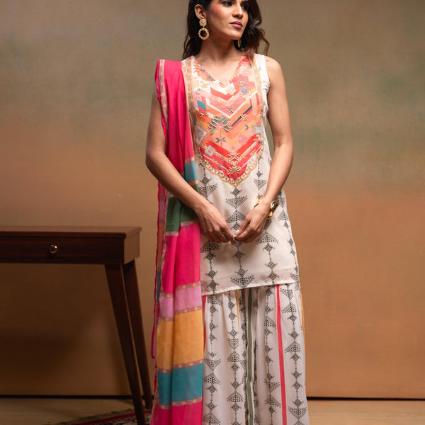 Juniper Ivory Man Made Fiber Floral Embellished Kurta With Sharara & Dupatta Set With Beads Work