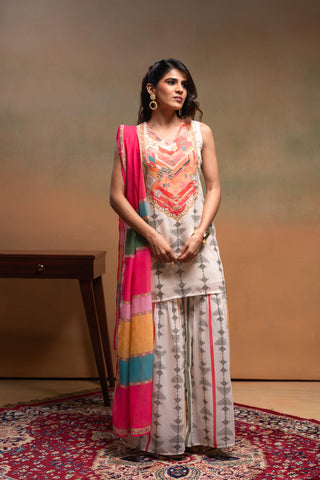 Juniper Ivory Man Made Fiber Floral Embellished Kurta With Sharara & Dupatta Set With Beads Work