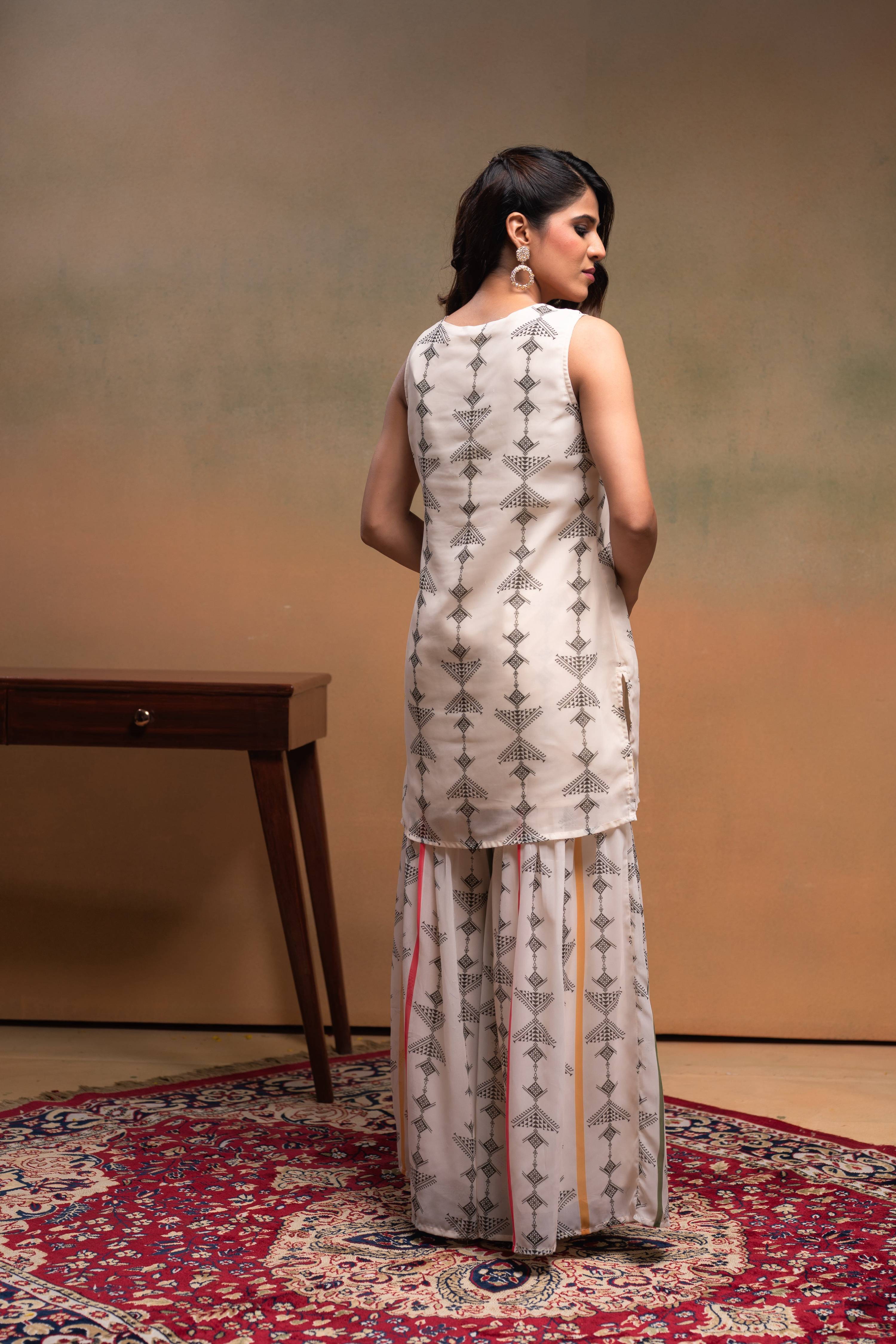 Juniper Ivory Man Made Fiber Floral Embellished Kurta With Sharara & Dupatta Set With Beads Work