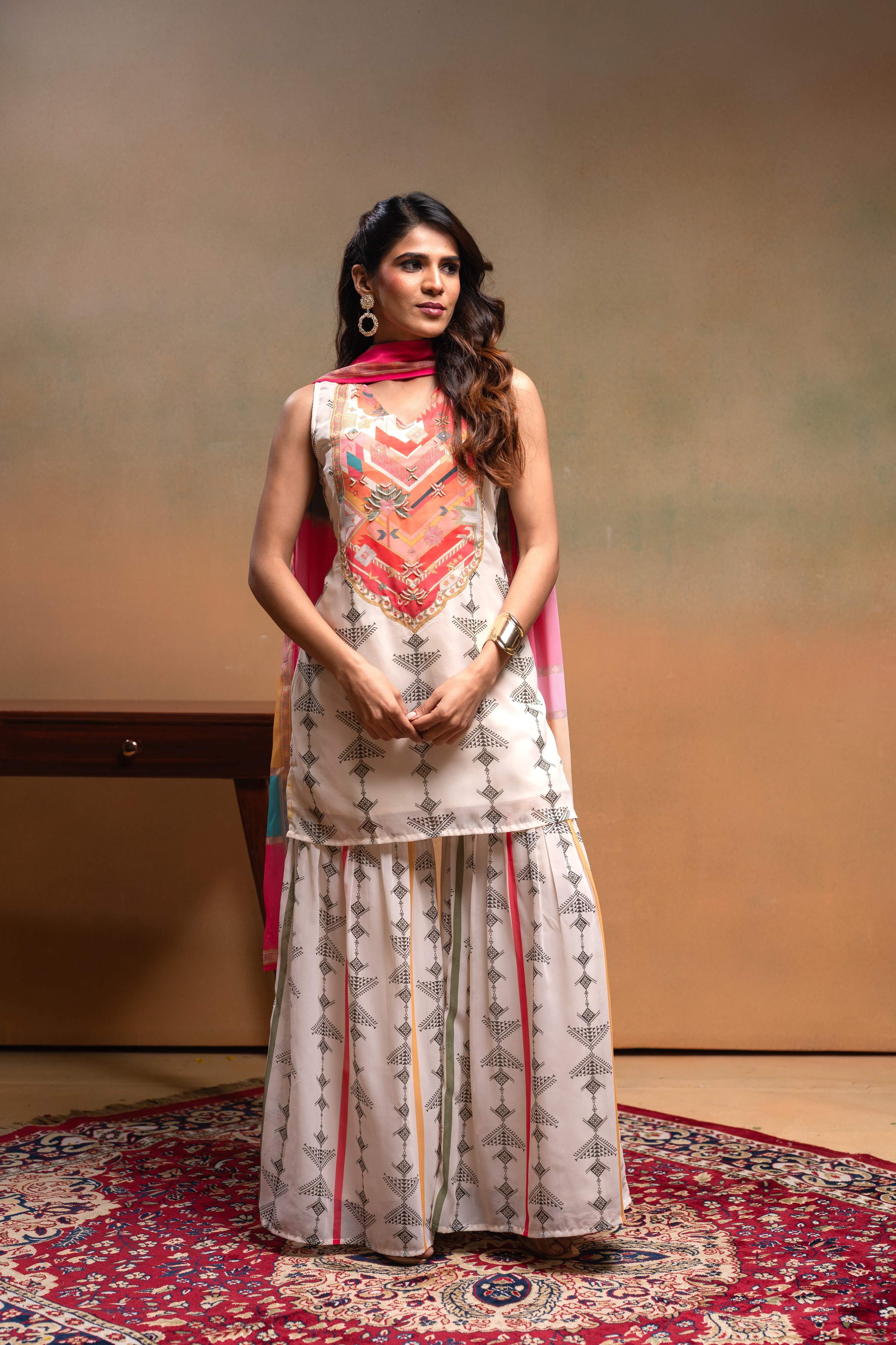 Juniper Ivory Man Made Fiber Floral Embellished Kurta With Sharara & Dupatta Set With Beads Work
