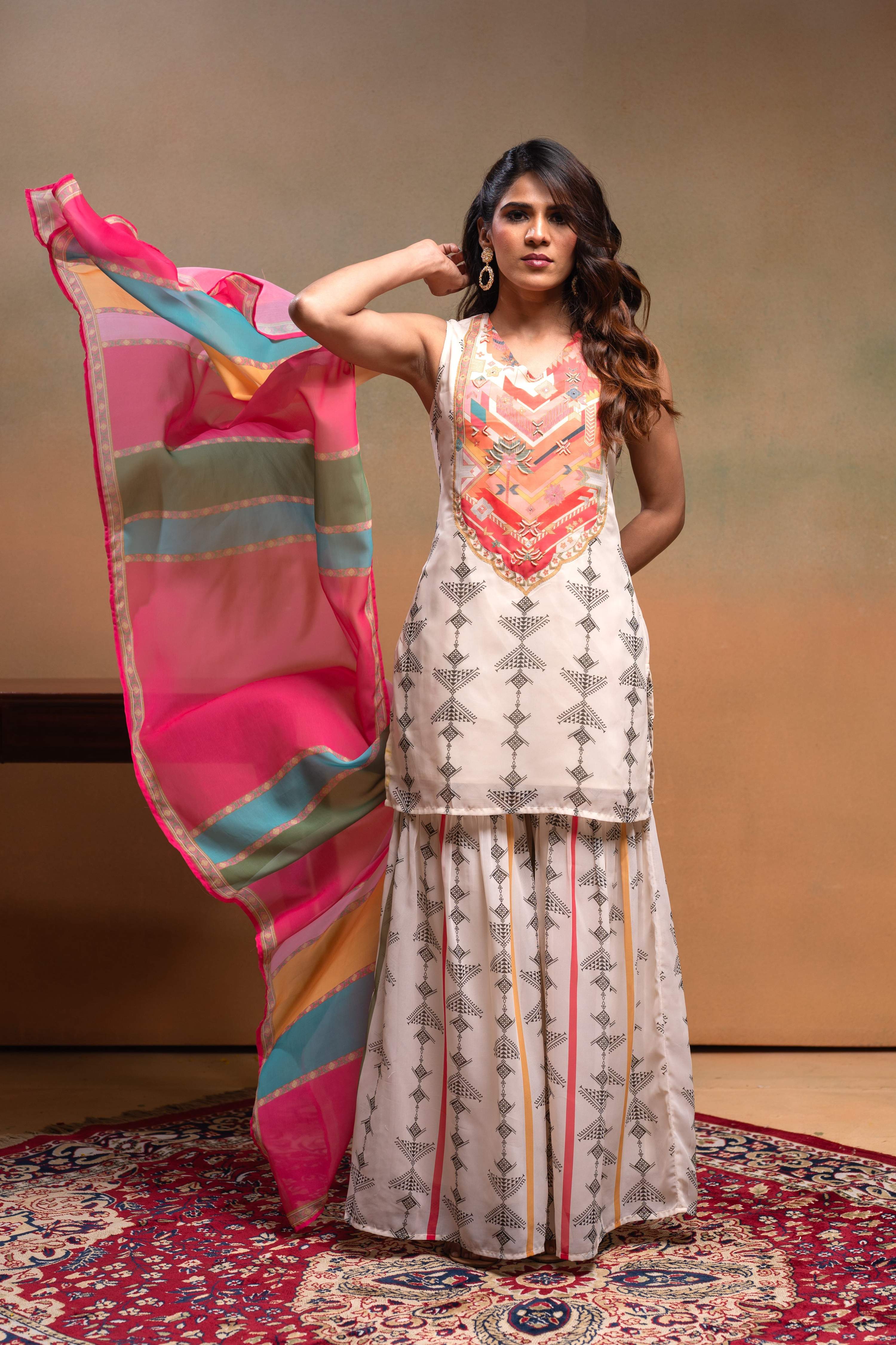 Juniper Ivory Man Made Fiber Floral Embellished Kurta With Sharara & Dupatta Set With Beads Work