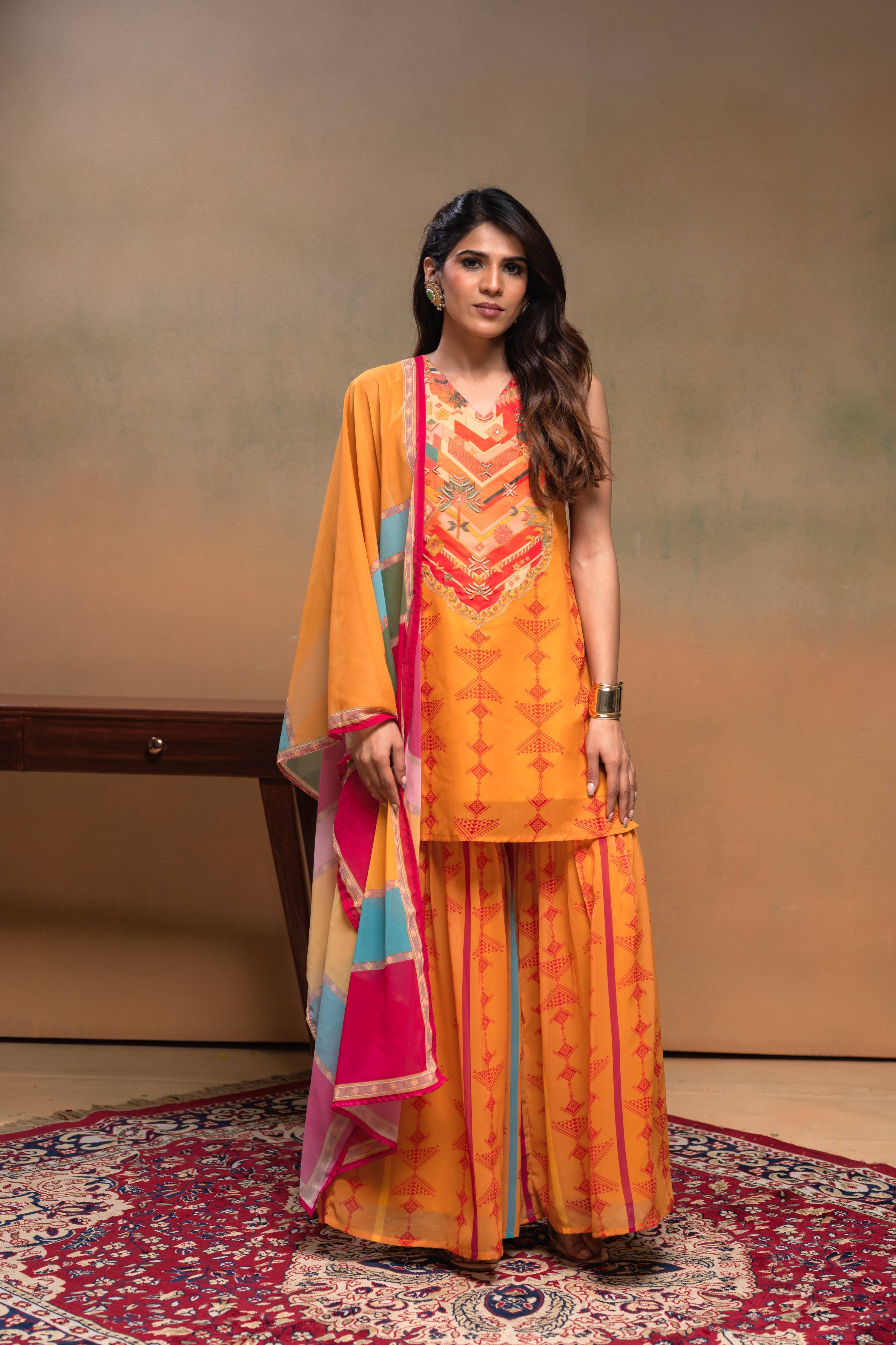 Juniper Mustard Man Made Fiber Floral Embellished Kurta With Sharara & Dupatta Set With Beads Work