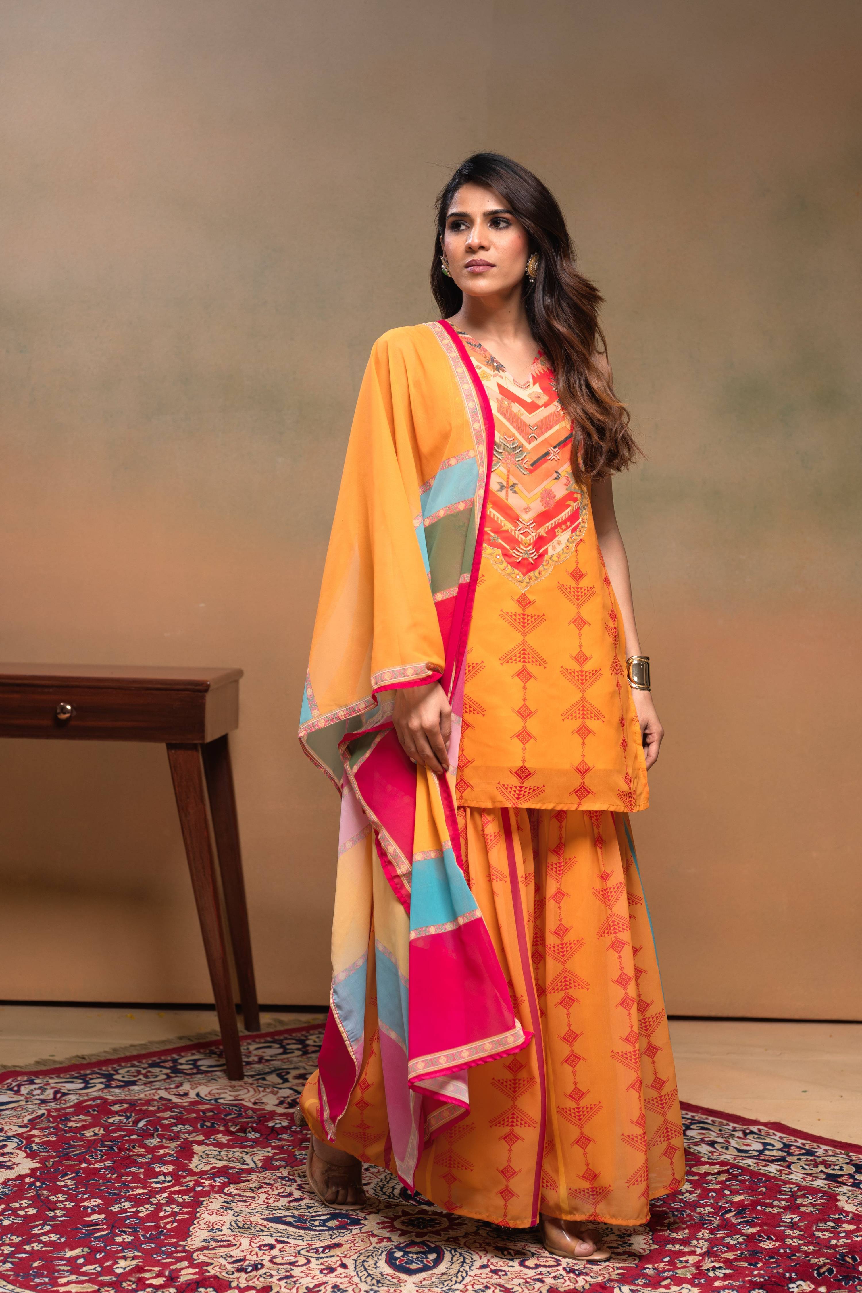 Juniper Mustard Man Made Fiber Floral Embellished Kurta With Sharara & Dupatta Set With Beads Work