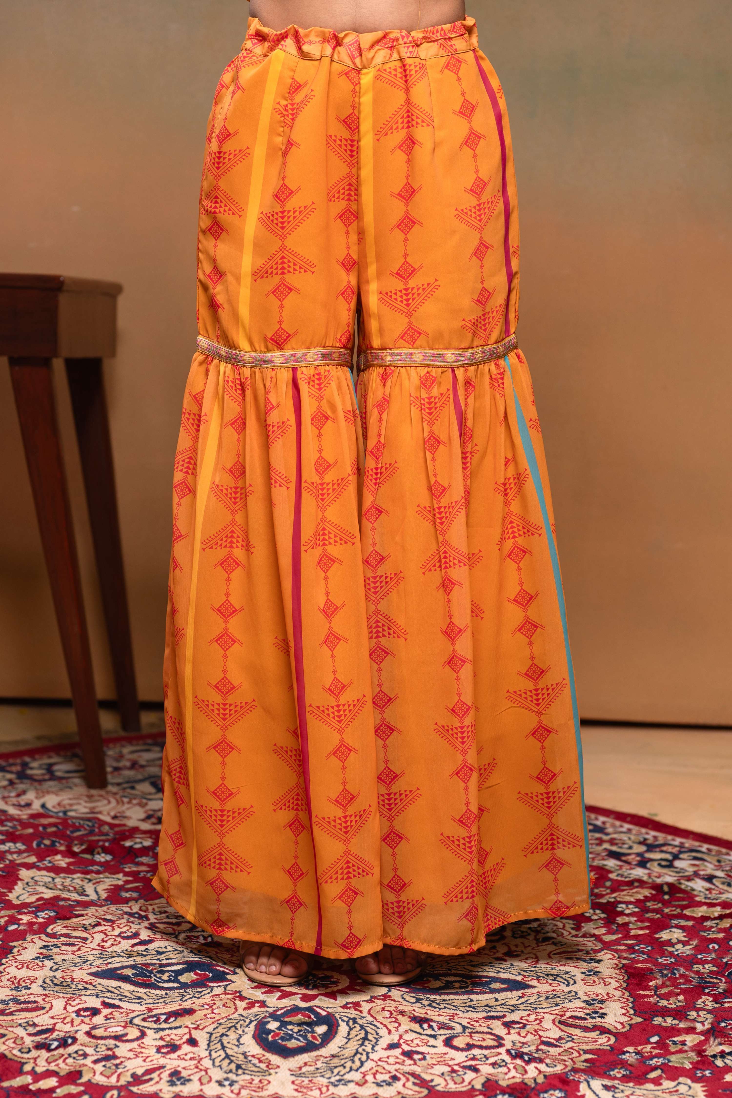 Juniper Mustard Man Made Fiber Floral Embellished Kurta With Sharara & Dupatta Set With Beads Work