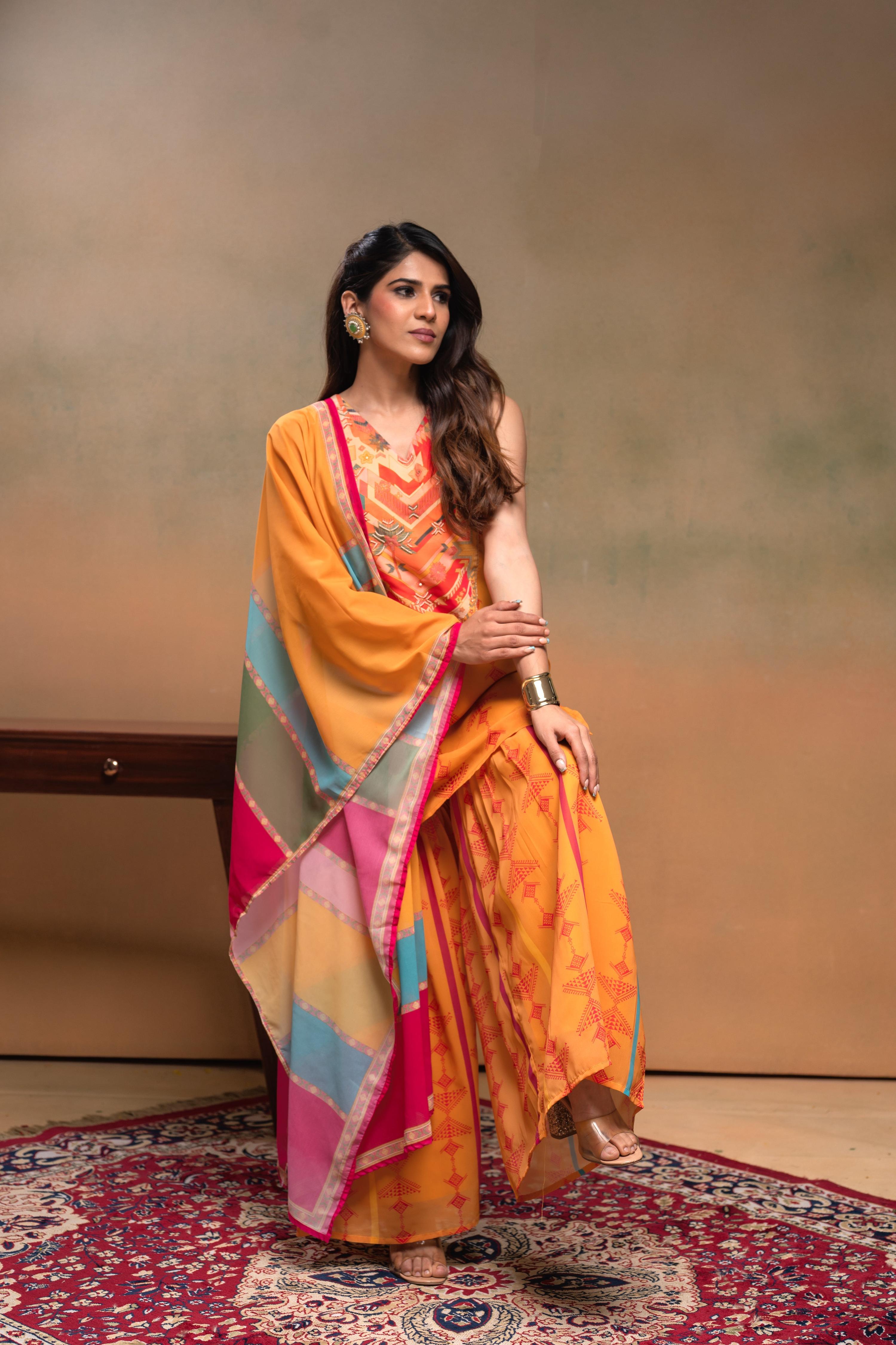 Juniper Mustard Man Made Fiber Floral Embellished Kurta With Sharara & Dupatta Set With Beads Work