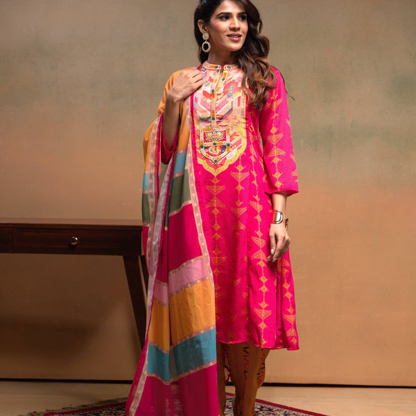 Juniper Fuchsia Man Made Fiber Ethnic A-Line Kurta With Pants & Dupatta Set With Mirror & Thread Work