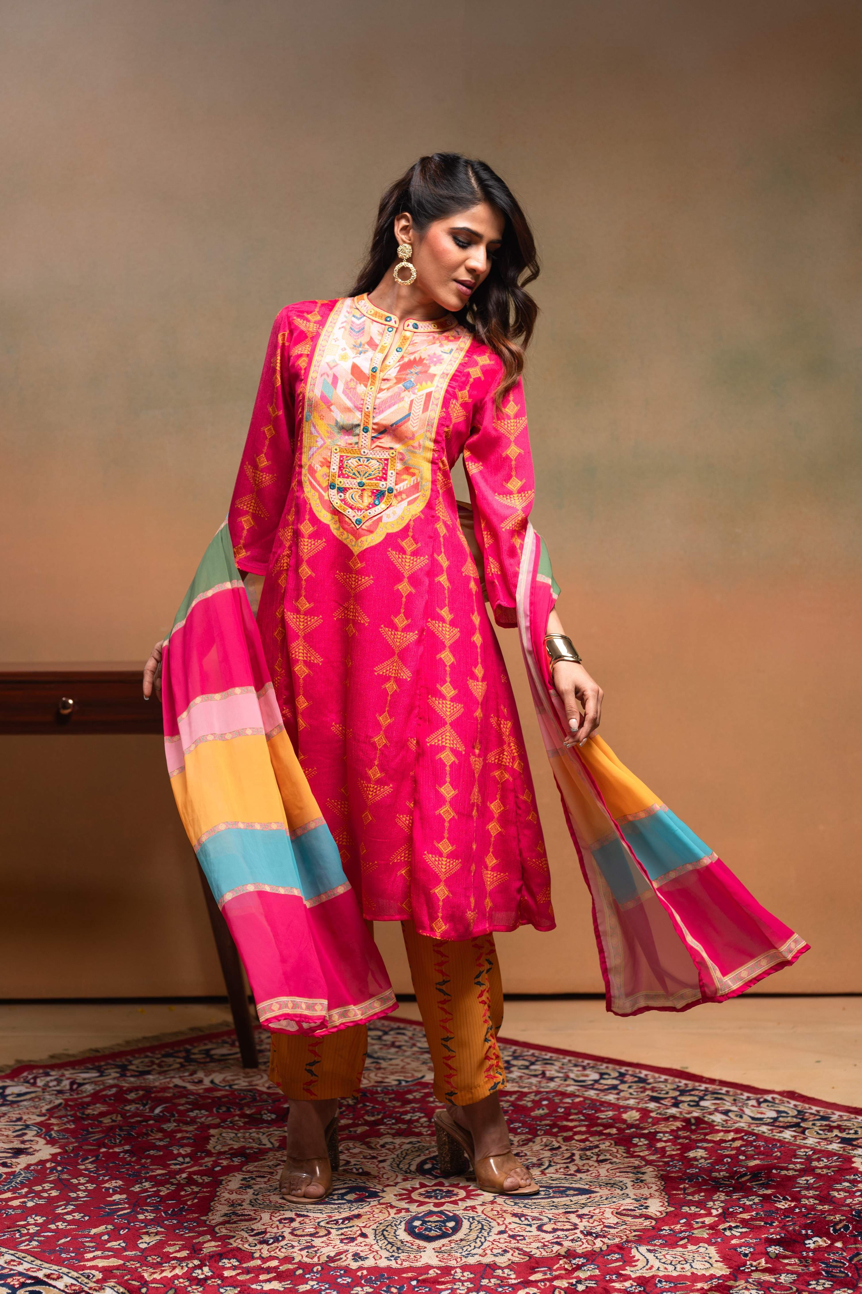 Juniper Fuchsia Man Made Fiber Ethnic A-Line Kurta With Pants & Dupatta Set With Mirror & Thread Work