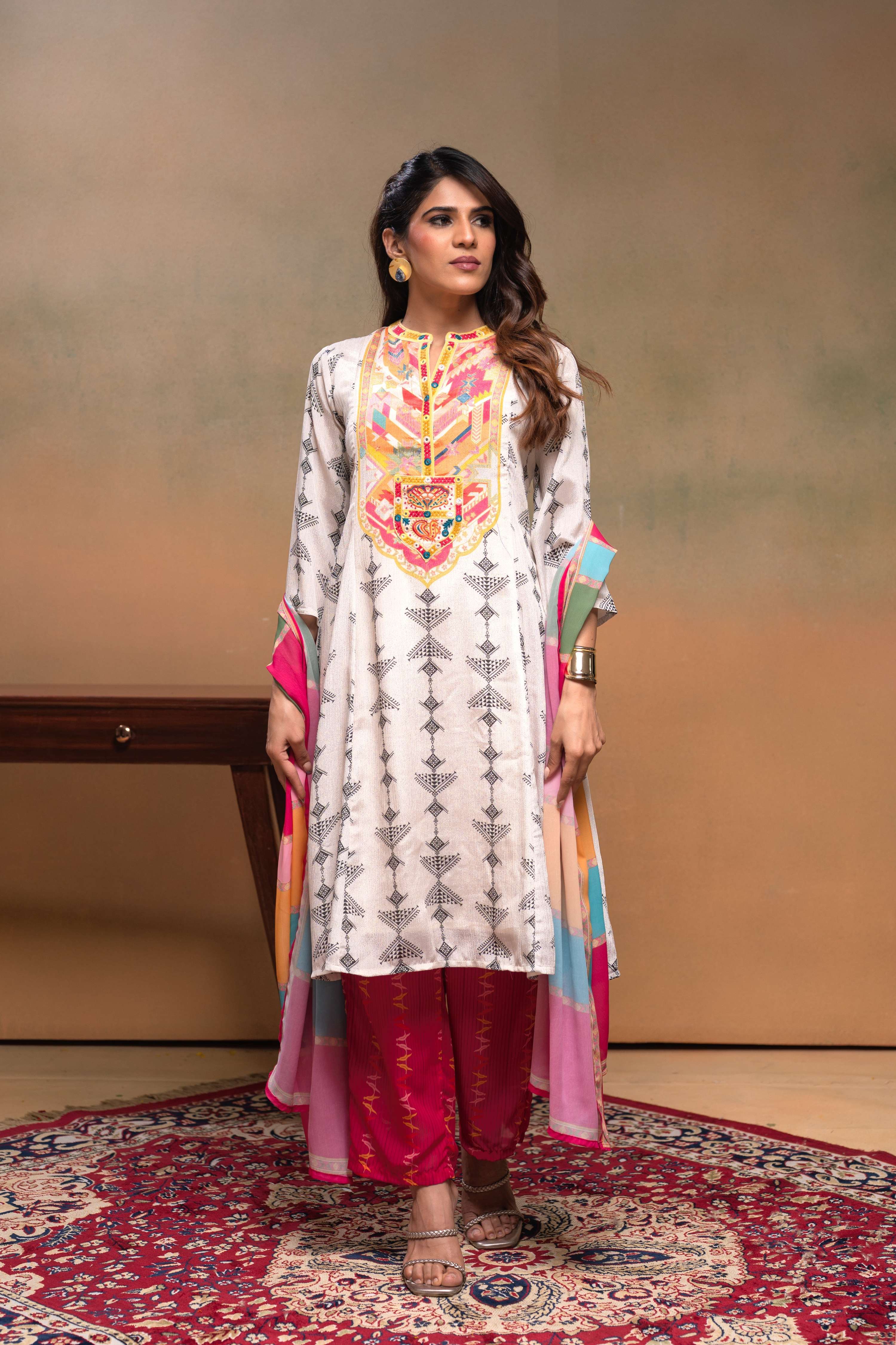Juniper Ivory Man Made Fiber Ethnic A-Line Kurta With Pants & Dupatta Set With Mirror & Thread Work