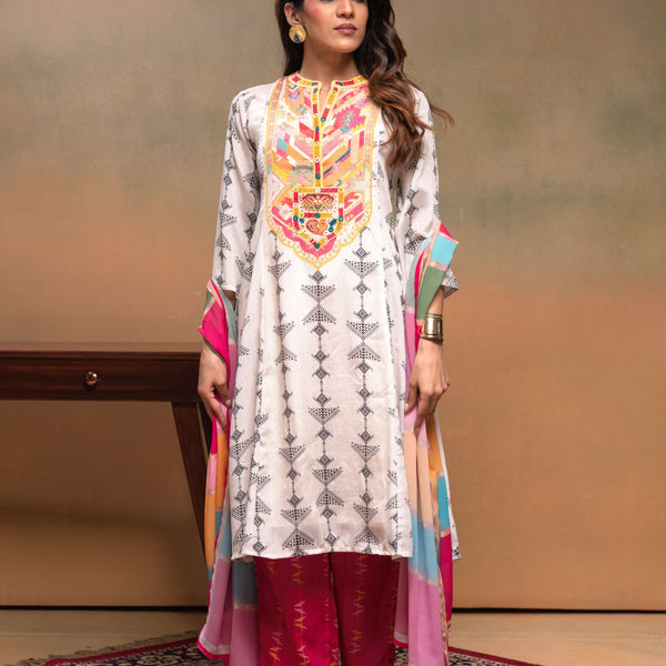 Juniper Ivory Man Made Fiber Ethnic A-Line Kurta With Pants & Dupatta Set With Mirror & Thread Work