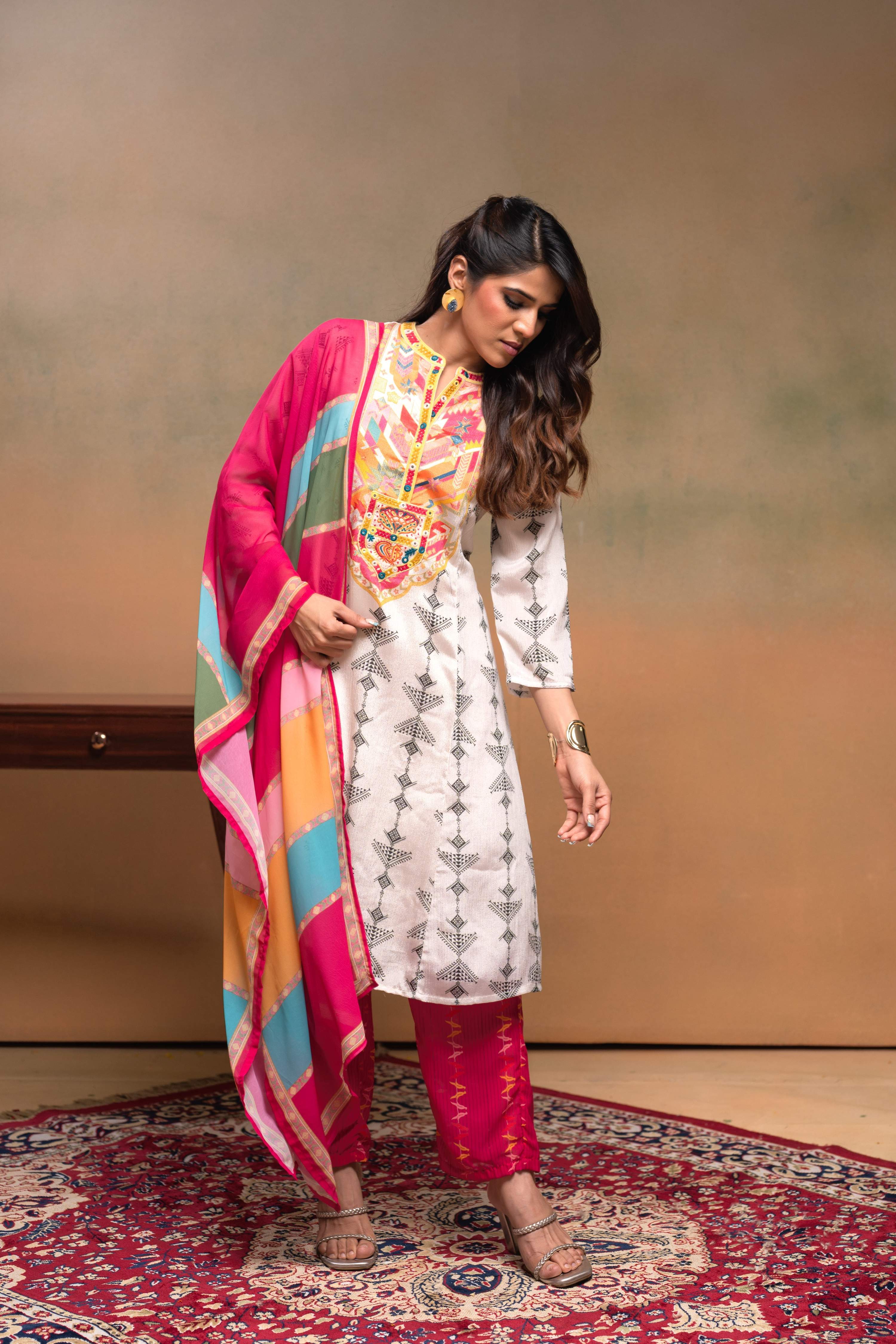 Juniper Ivory Man Made Fiber Ethnic A-Line Kurta With Pants & Dupatta Set With Mirror & Thread Work