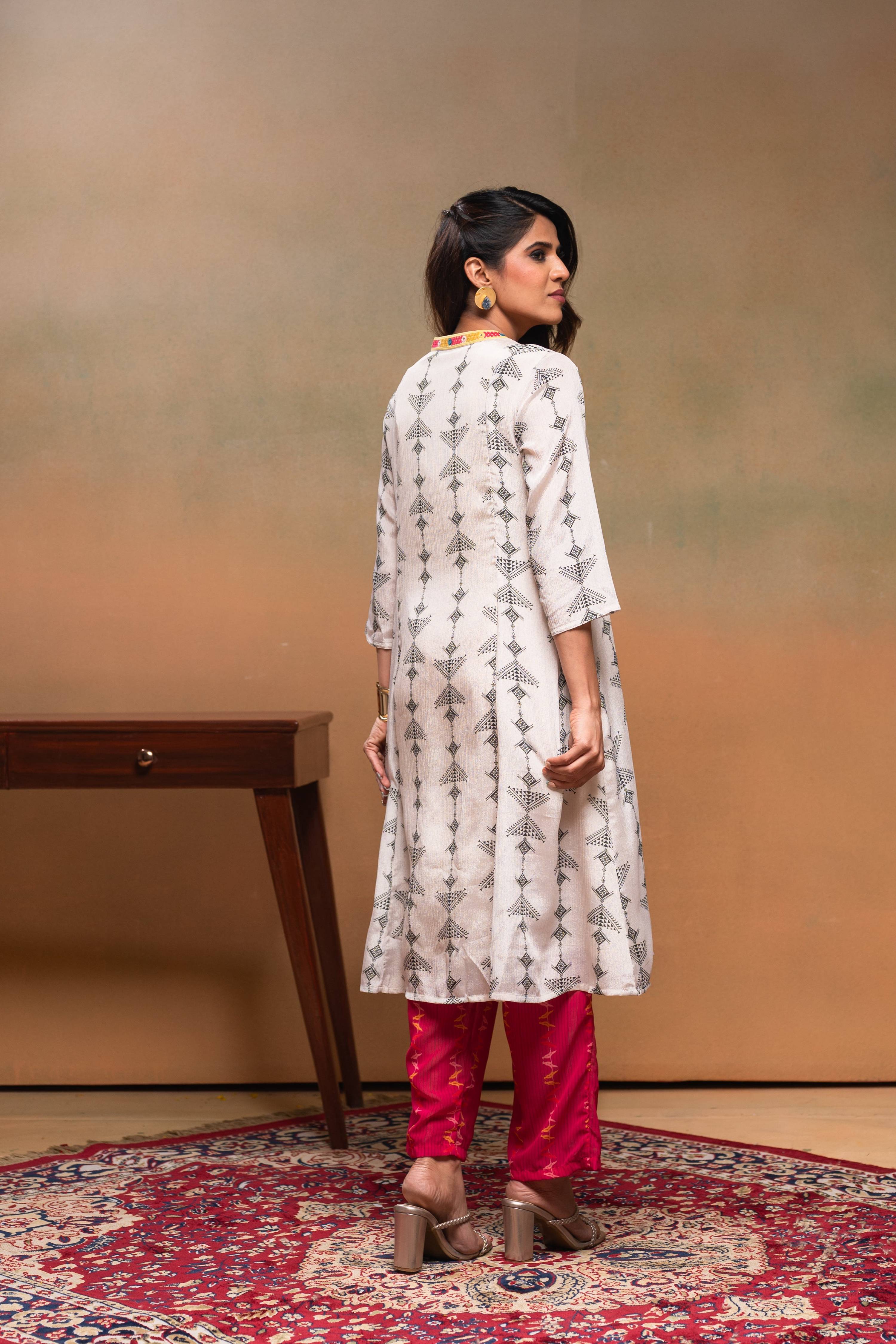 Juniper Ivory Man Made Fiber Ethnic A-Line Kurta With Pants & Dupatta Set With Mirror & Thread Work