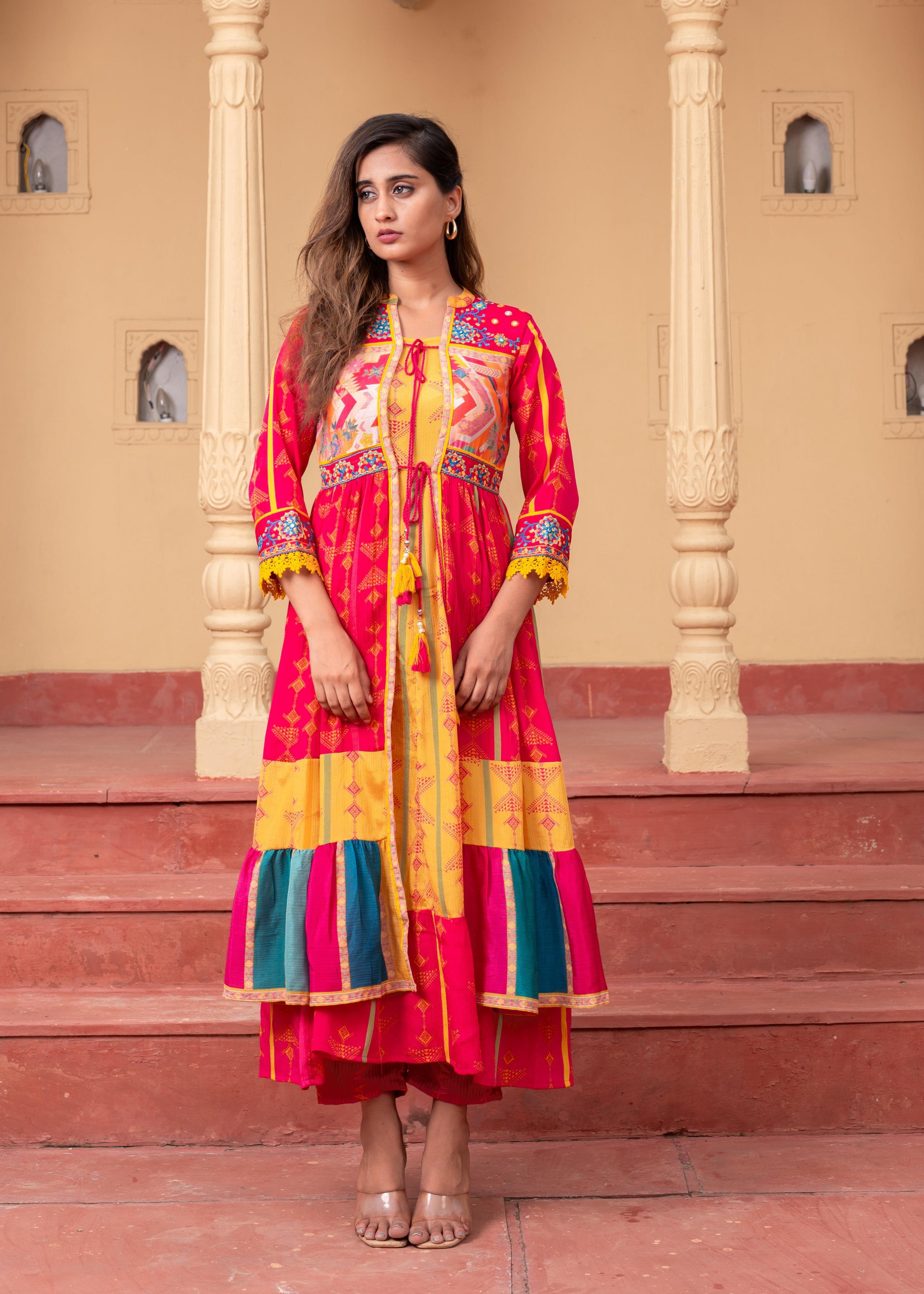 Juniper Fuchsia Man Made Fiber Ethnic Gathered Flared Long Dress With Mirror & Thread Work