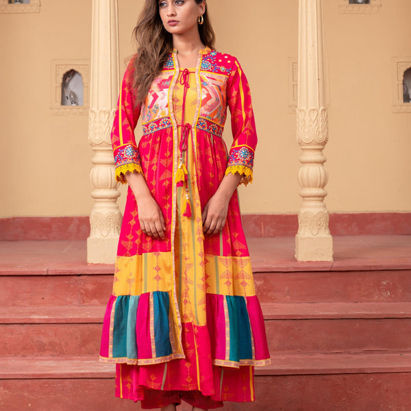 Juniper Fuchsia Man Made Fiber Ethnic Gathered Flared Long Dress With Mirror & Thread Work