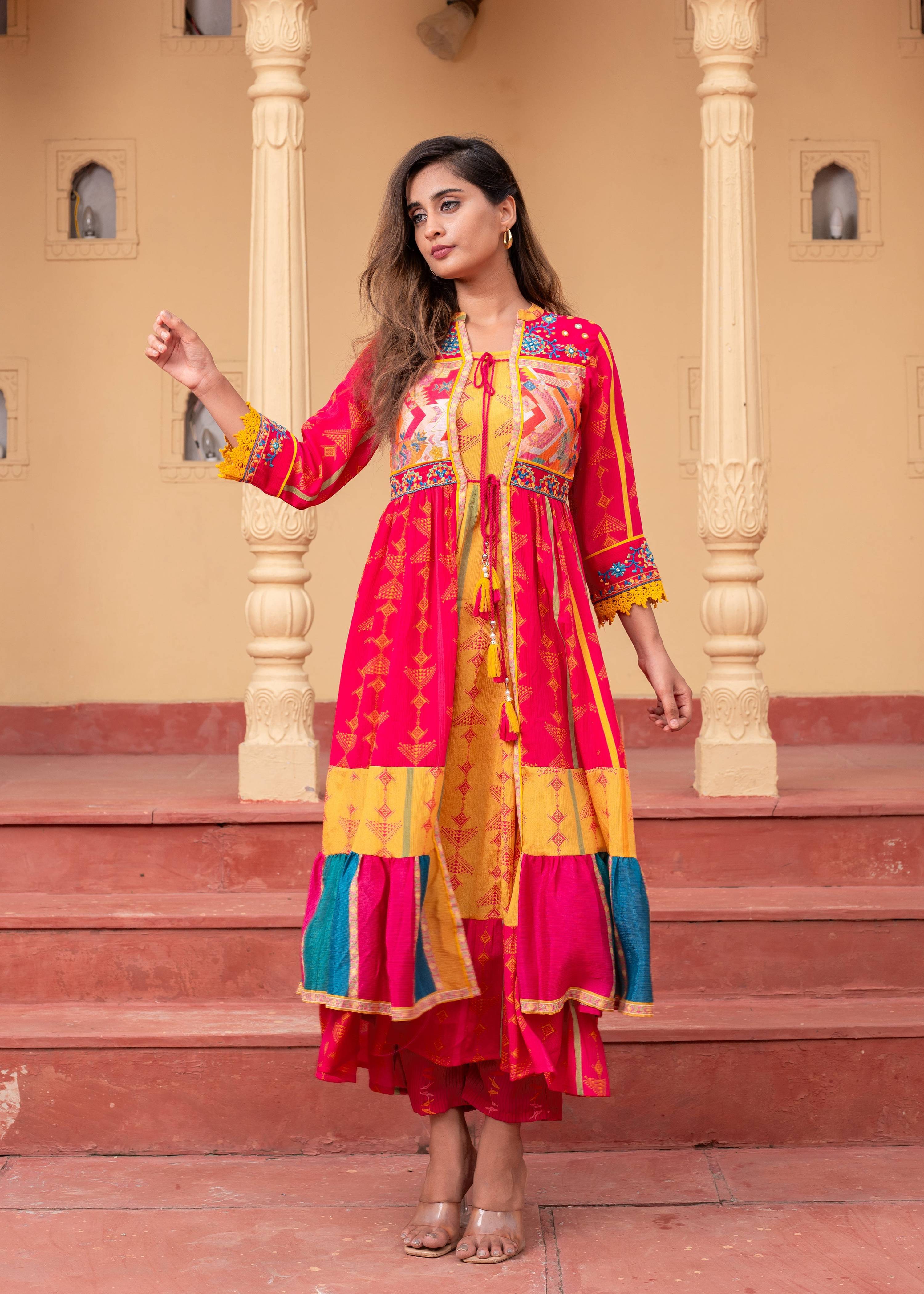 Juniper Fuchsia Man Made Fiber Ethnic Gathered Flared Long Dress With Mirror & Thread Work