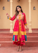 Thumbnail for Juniper Fuchsia Man Made Fiber Ethnic Gathered Flared Long Dress With Mirror & Thread Work