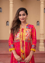 Thumbnail for Juniper Fuchsia Man Made Fiber Ethnic Gathered Flared Long Dress With Mirror & Thread Work