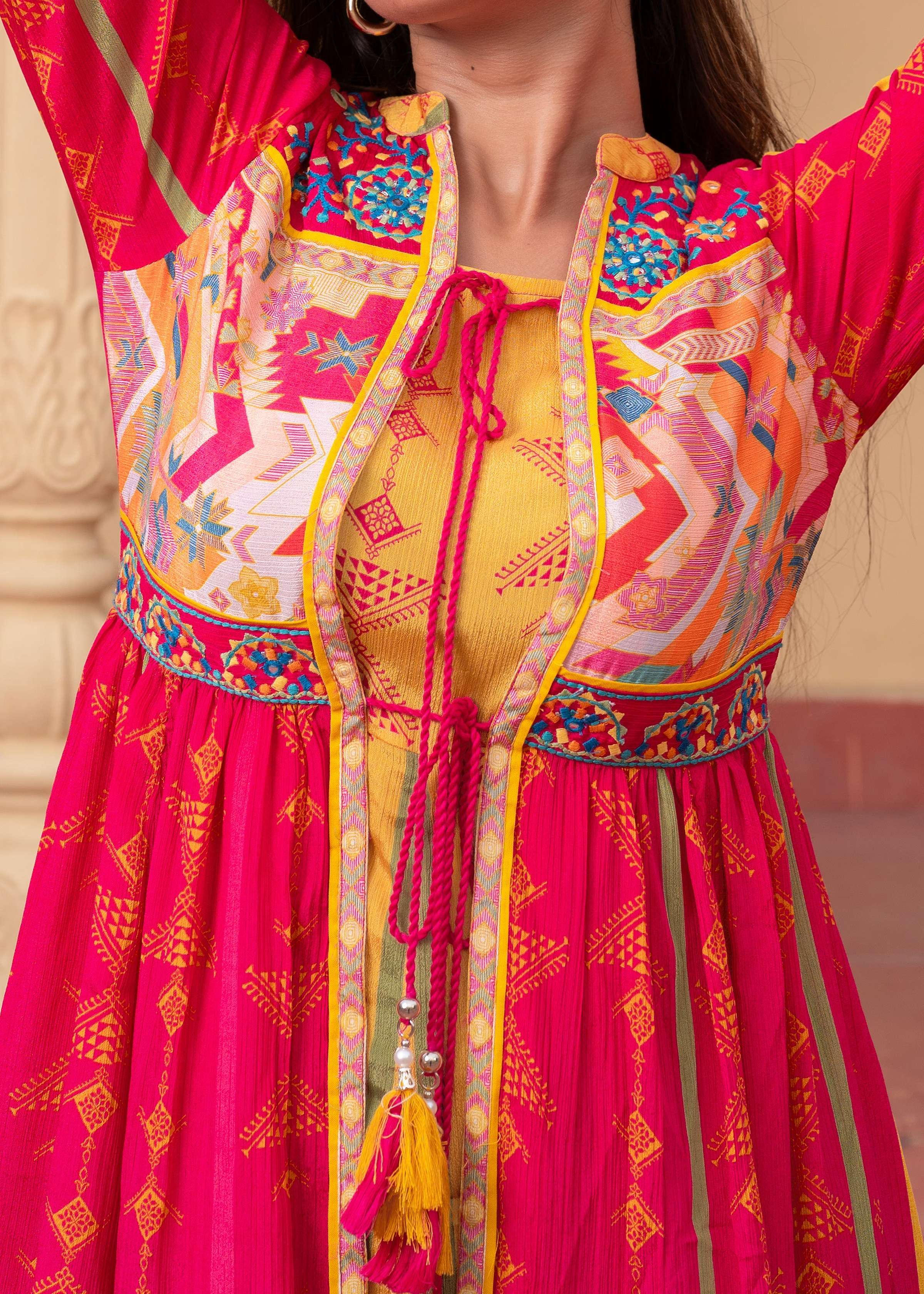 Juniper Fuchsia Man Made Fiber Ethnic Gathered Flared Long Dress With Mirror & Thread Work