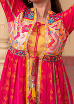 Thumbnail for Juniper Fuchsia Man Made Fiber Ethnic Gathered Flared Long Dress With Mirror & Thread Work