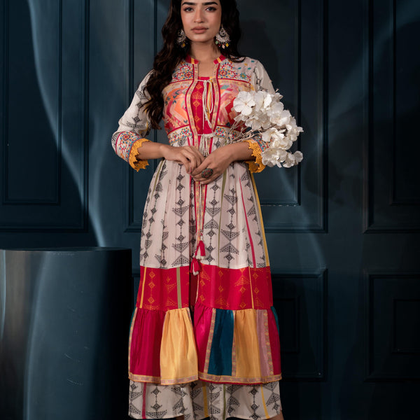 Juniper Ivory Man Made Fiber Ethnic Gathered Flared Long Dress With Mirror & Thread Work