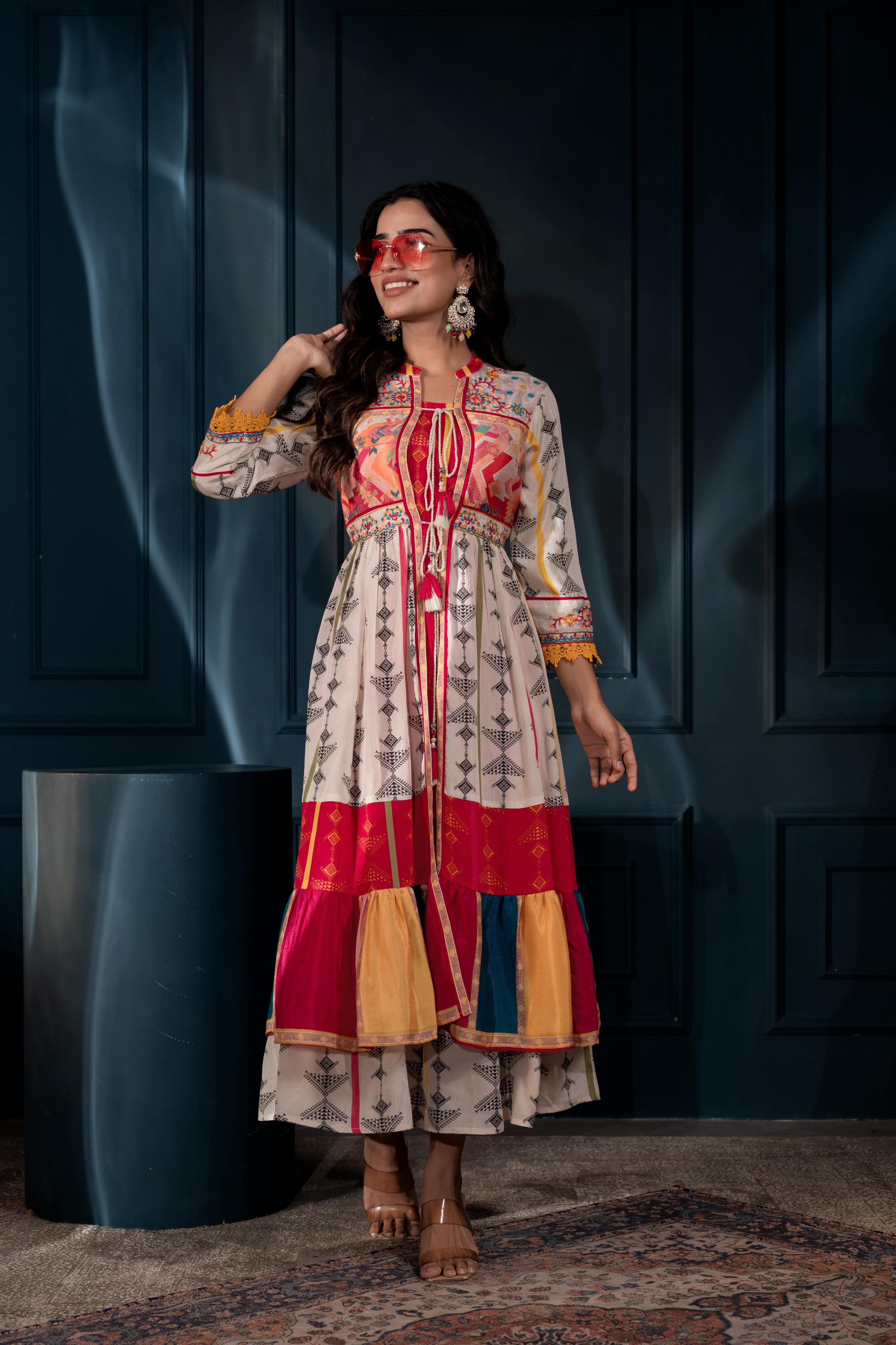 Juniper Ivory Man Made Fiber Ethnic Gathered Flared Long Dress With Mirror & Thread Work