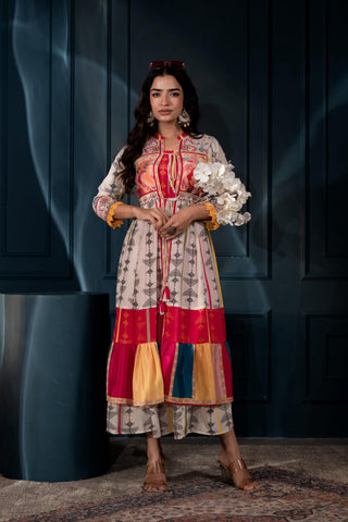 Juniper Ivory Man Made Fiber Ethnic Gathered Flared Long Dress With Mirror & Thread Work