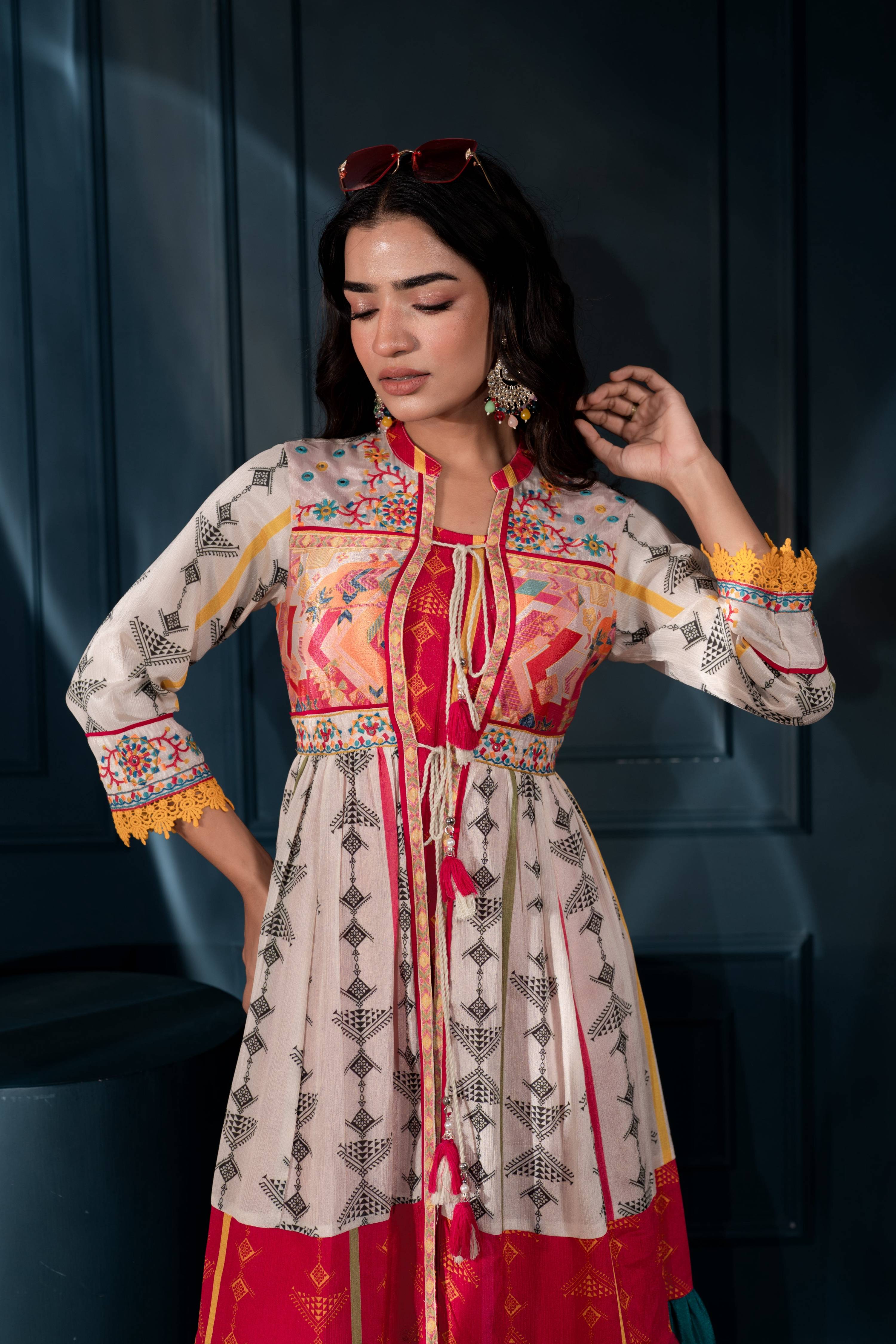 Juniper Ivory Man Made Fiber Ethnic Gathered Flared Long Dress With Mirror & Thread Work