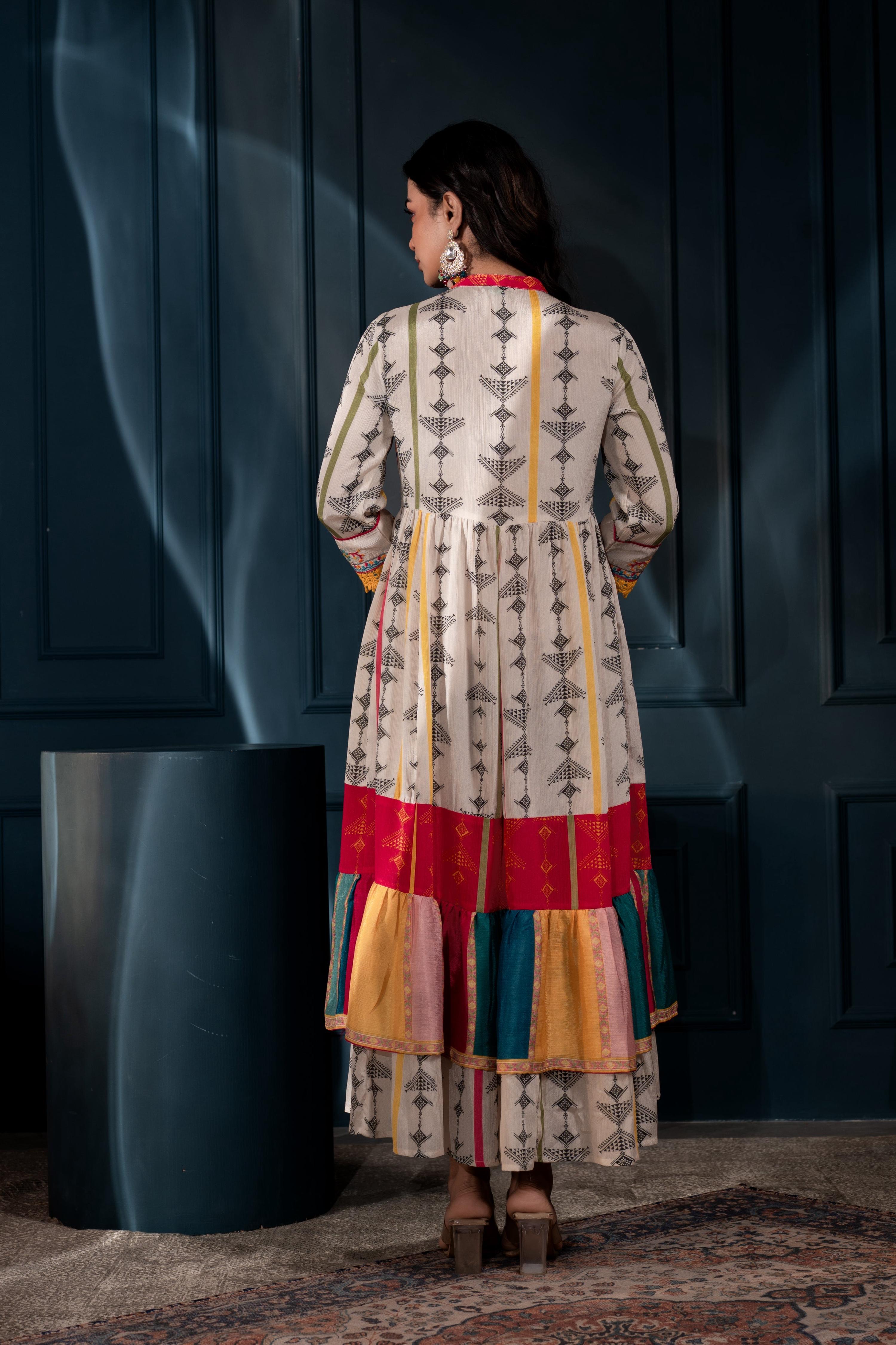 Juniper Ivory Man Made Fiber Ethnic Gathered Flared Long Dress With Mirror & Thread Work