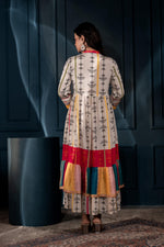 Thumbnail for Juniper Ivory Man Made Fiber Ethnic Gathered Flared Long Dress With Mirror & Thread Work