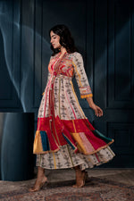 Thumbnail for Juniper Ivory Man Made Fiber Ethnic Gathered Flared Long Dress With Mirror & Thread Work