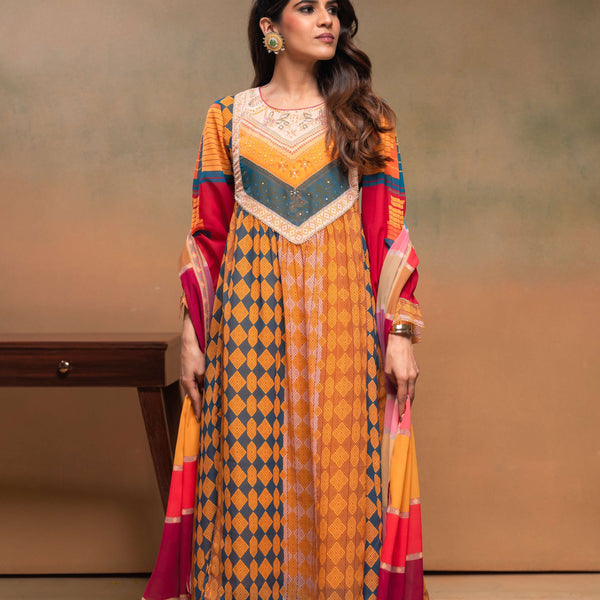 Juniper Mustard Man Made Fiber Ethnic Gathered Flared Kurta With Pants & Dupatta Set With Beads & Sequence Work