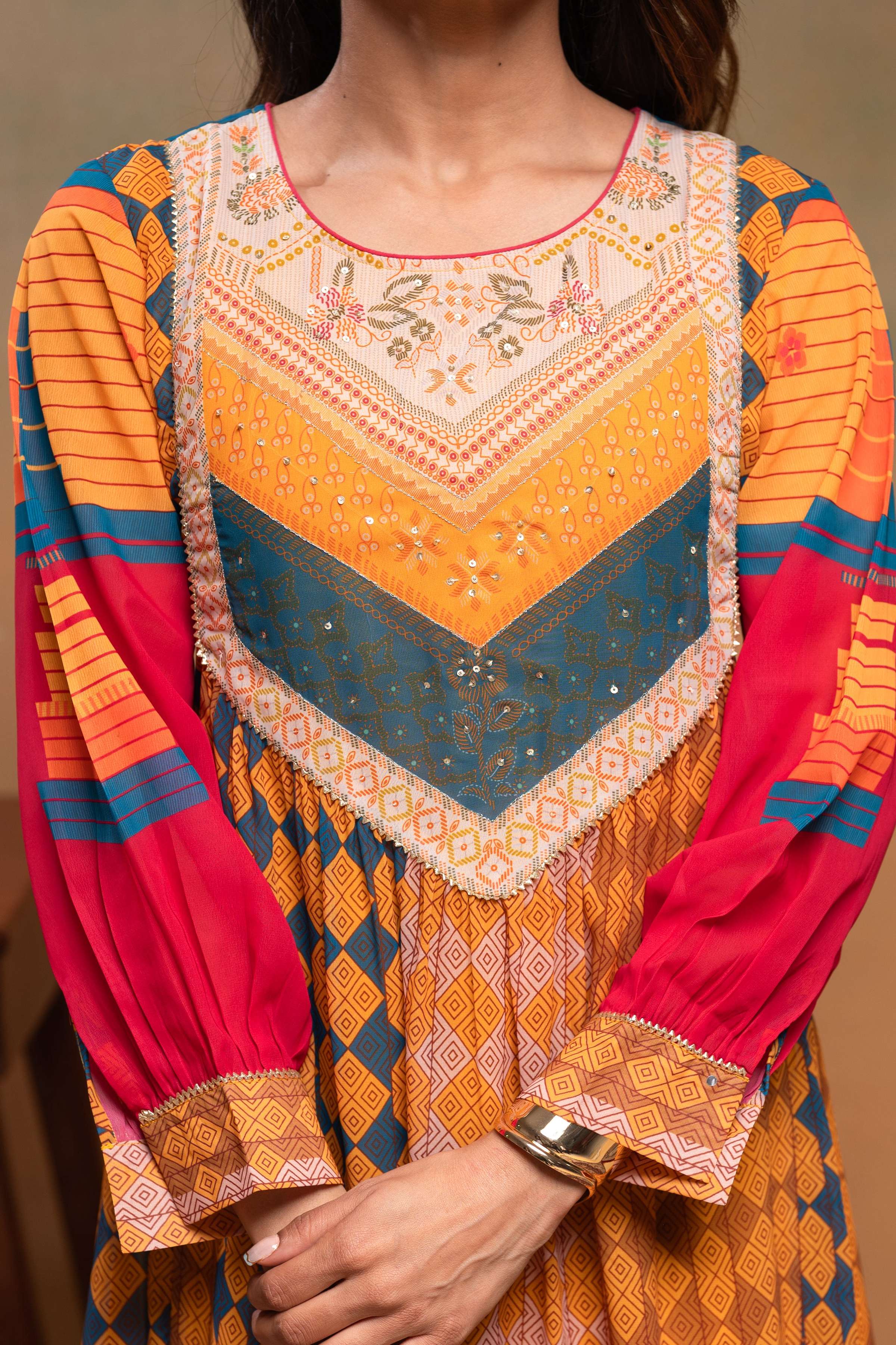 Juniper Mustard Man Made Fiber Ethnic Gathered Flared Kurta With Pants & Dupatta Set With Beads & Sequence Work