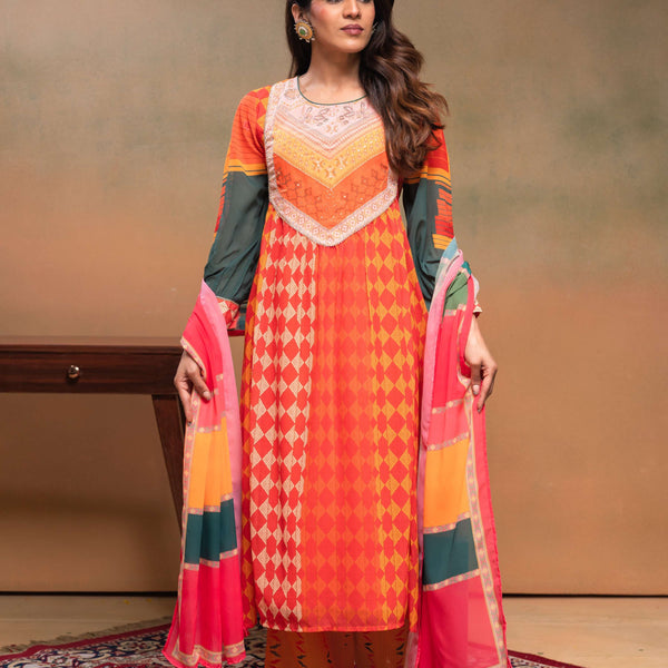 Juniper Orange Man Made Fiber Ethnic Gathered Flared Kurta With Pants & Dupatta Set With Beads & Sequence Work