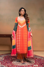Thumbnail for Juniper Orange Man Made Fiber Ethnic Gathered Flared Kurta With Pants & Dupatta Set With Beads & Sequence Work