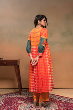 Thumbnail for Juniper Orange Man Made Fiber Ethnic Gathered Flared Kurta With Pants & Dupatta Set With Beads & Sequence Work