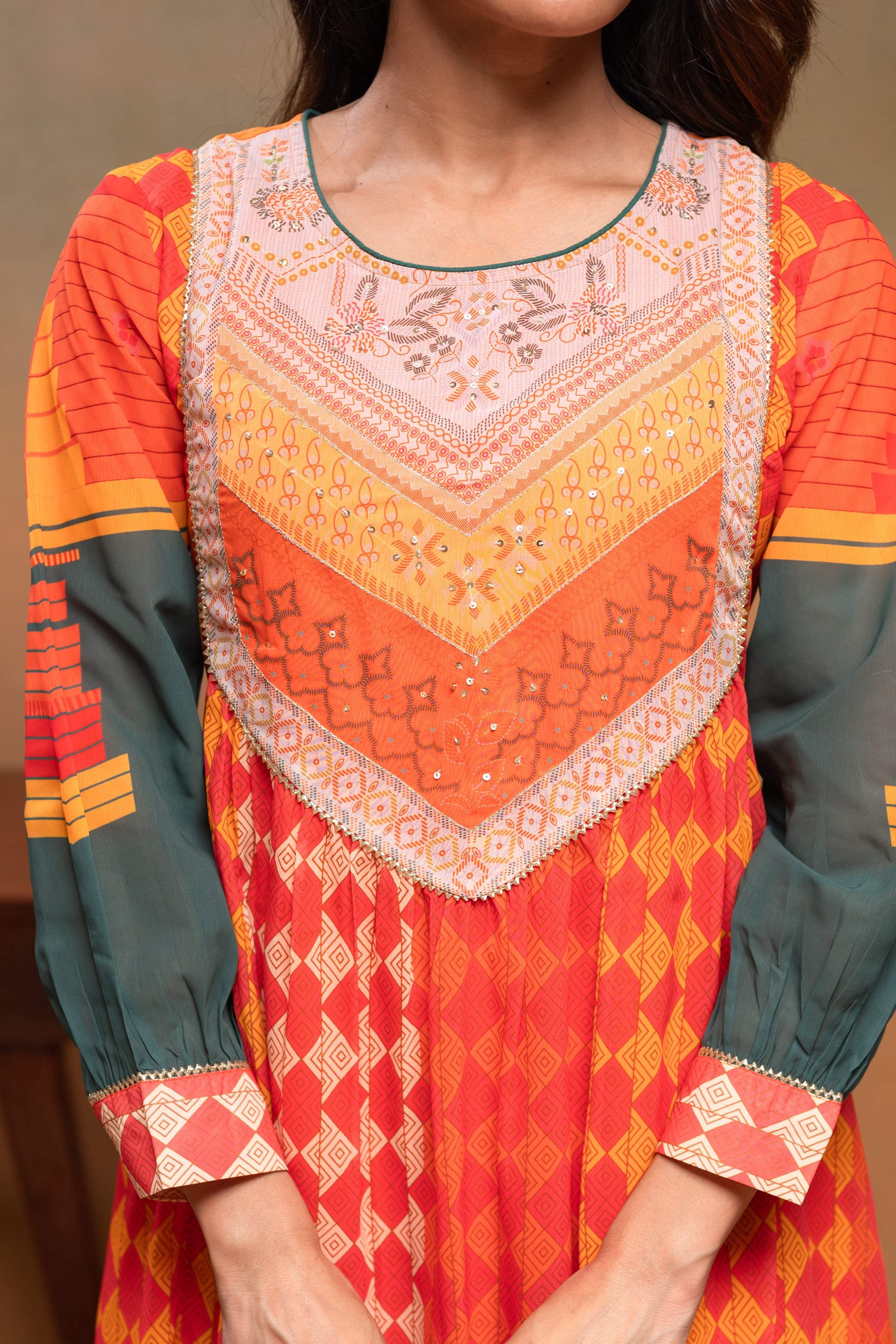 Juniper Orange Man Made Fiber Ethnic Gathered Flared Kurta With Pants & Dupatta Set With Beads & Sequence Work