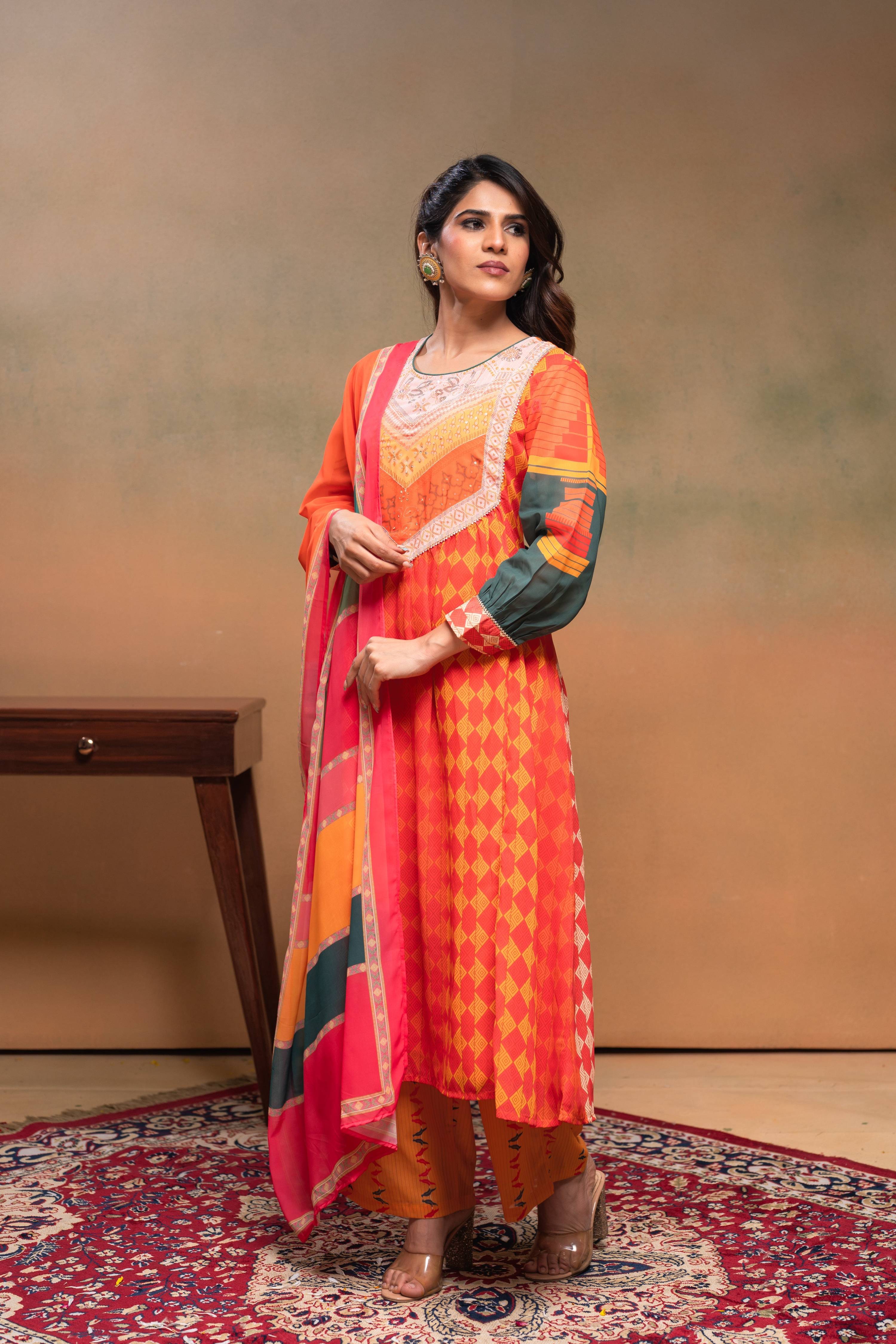 Juniper Orange Man Made Fiber Ethnic Gathered Flared Kurta With Pants & Dupatta Set With Beads & Sequence Work